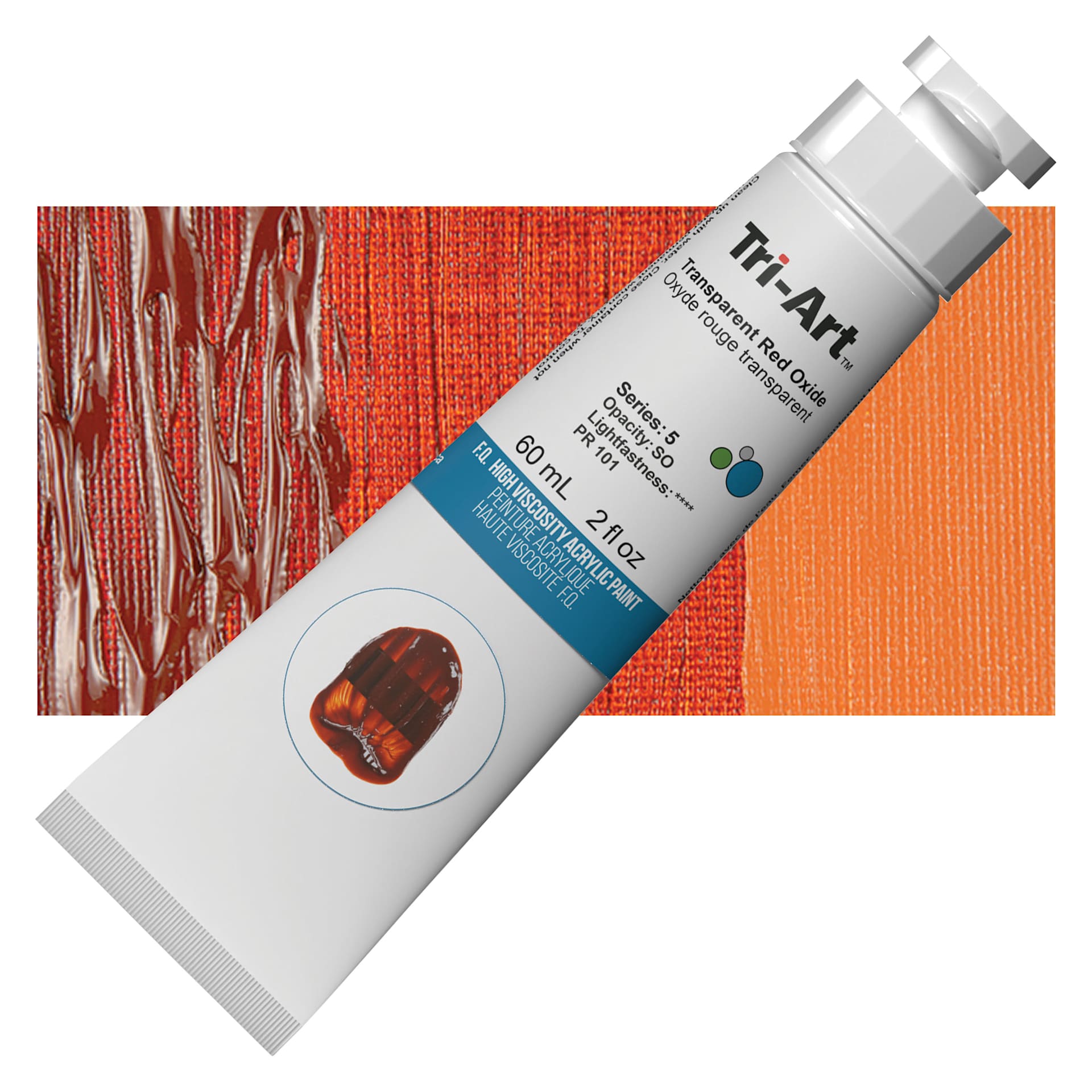Tri-Art High Viscosity Artist Acrylic - Transparent Red Oxide, 60 ml tube and swatch