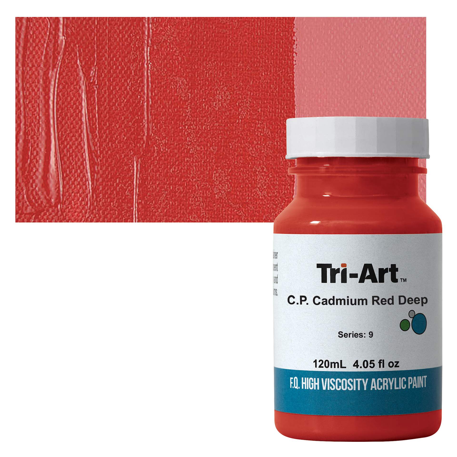Tri-Art High Viscosity Artist Acrylic - C.P. Cadmium Red Deep, 120 ml jar and swatch