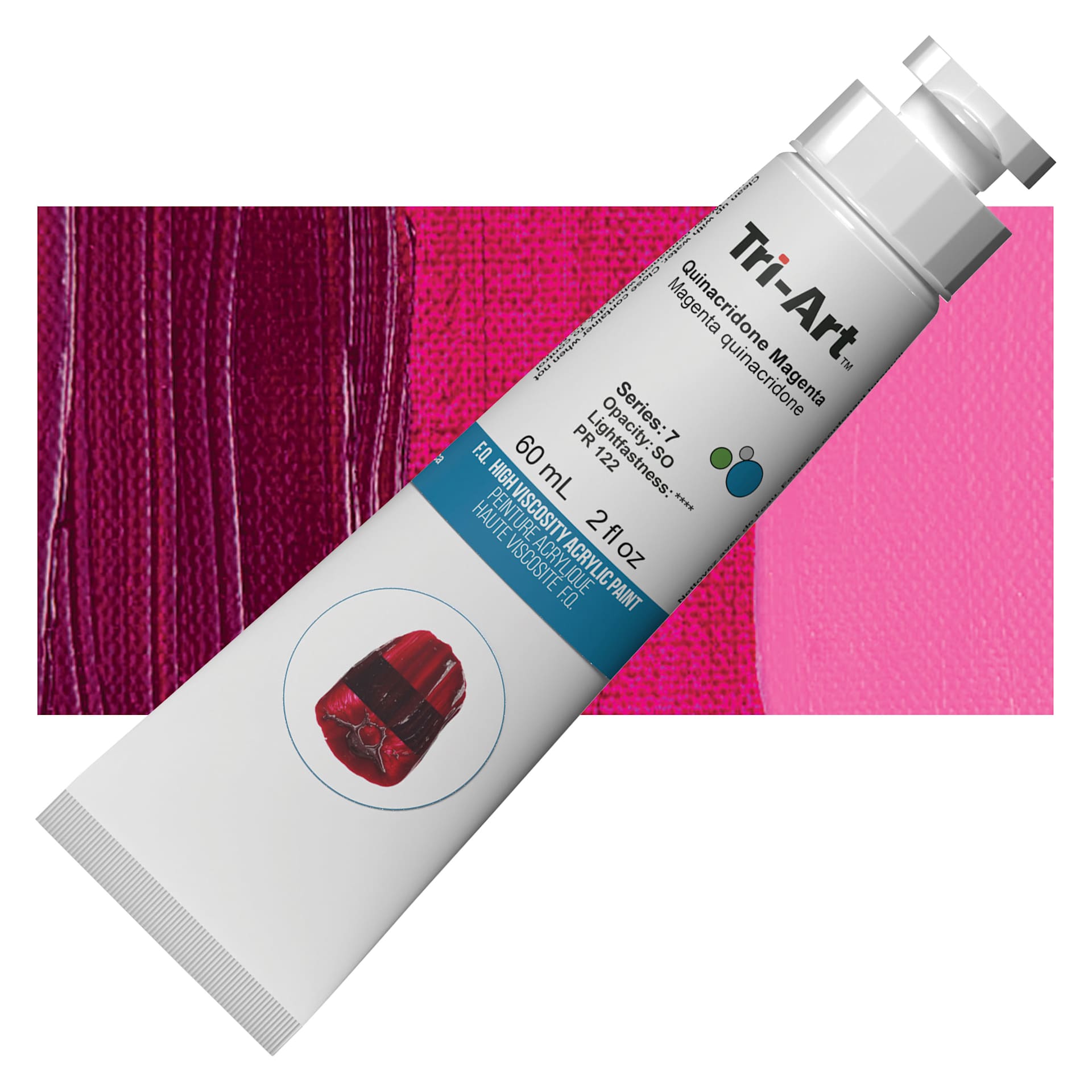 Tri-Art High Viscosity Artist Acrylic - Quinacridone Magenta, 60 ml tube and swatch