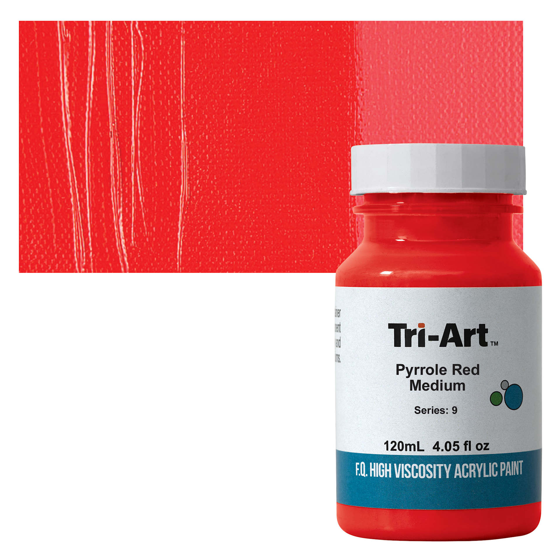 Tri-Art High Viscosity Artist Acrylic - Pyrrole Red Medium, 120 ml jar and swatch