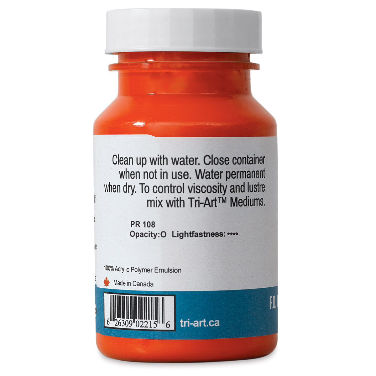 Tri-Art High Viscosity Artist Acrylic - C.P. Cadmium Red Light, 120 ml jar back