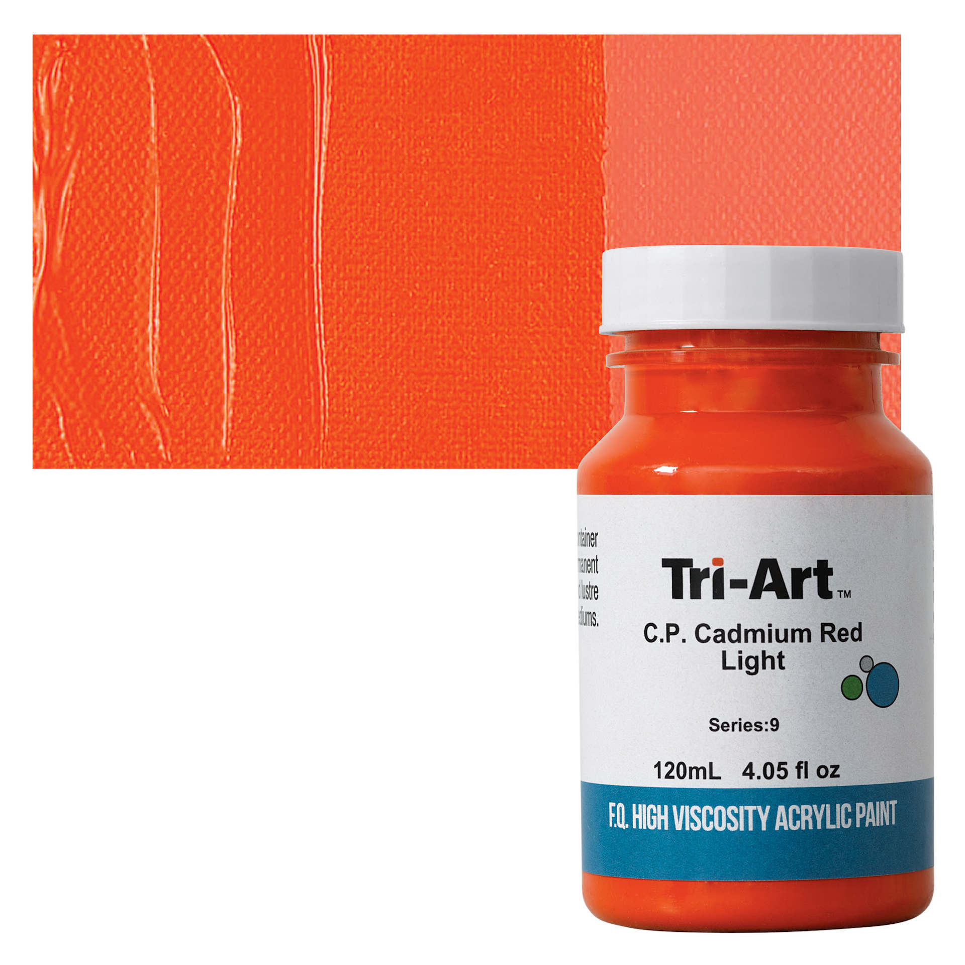 Tri-Art High Viscosity Artist Acrylic - C.P. Cadmium Red Light, 120 ml jar and swatch