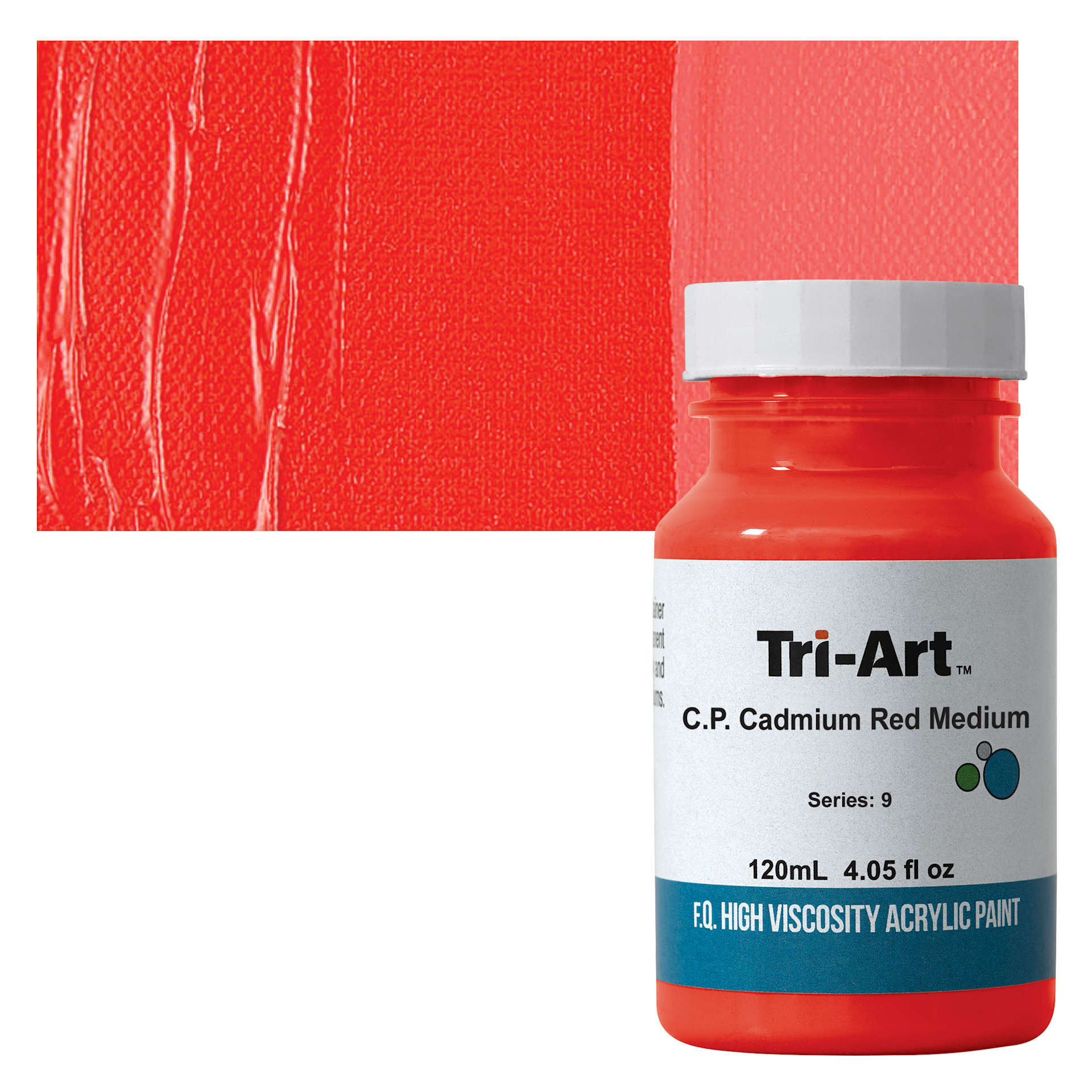 Tri-Art High Viscosity Artist Acrylic - C.P. Cadmium Red Medium, 120 ml jar and swatch