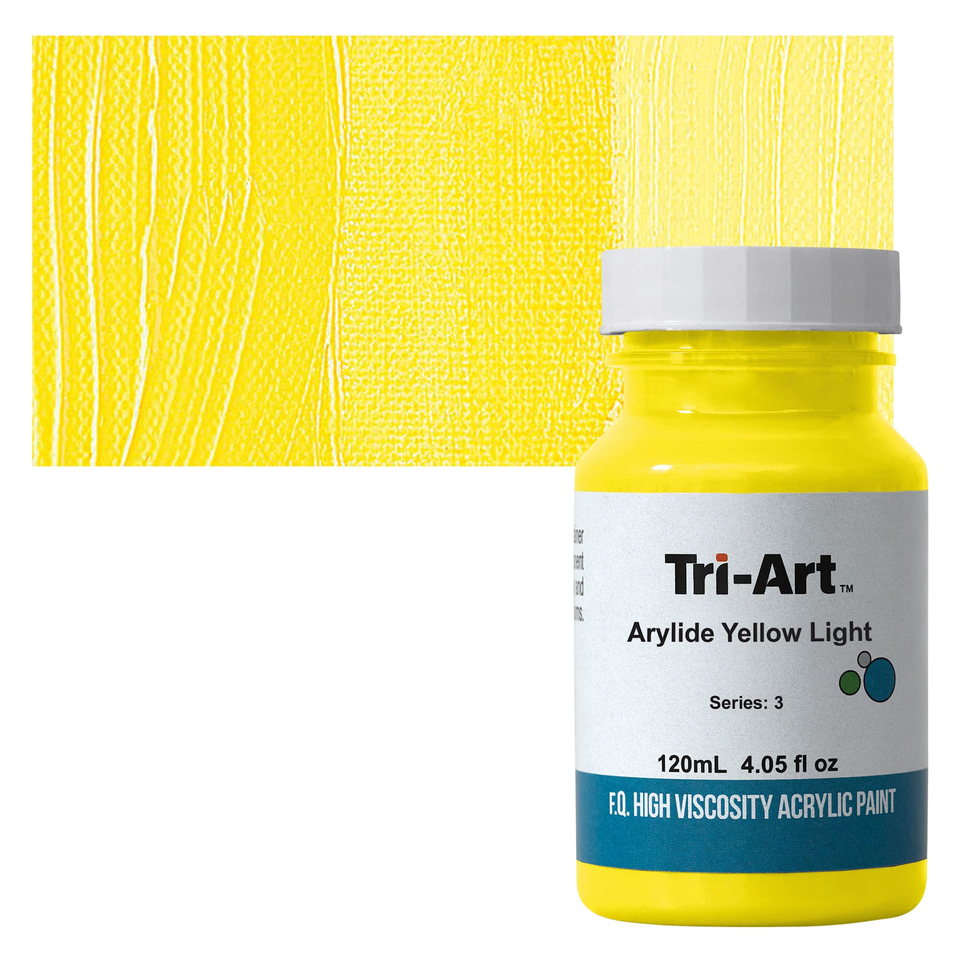 Tri-Art High Viscosity Artist Acrylic - Arylide Yellow Light, 120 ml jar and swatch
