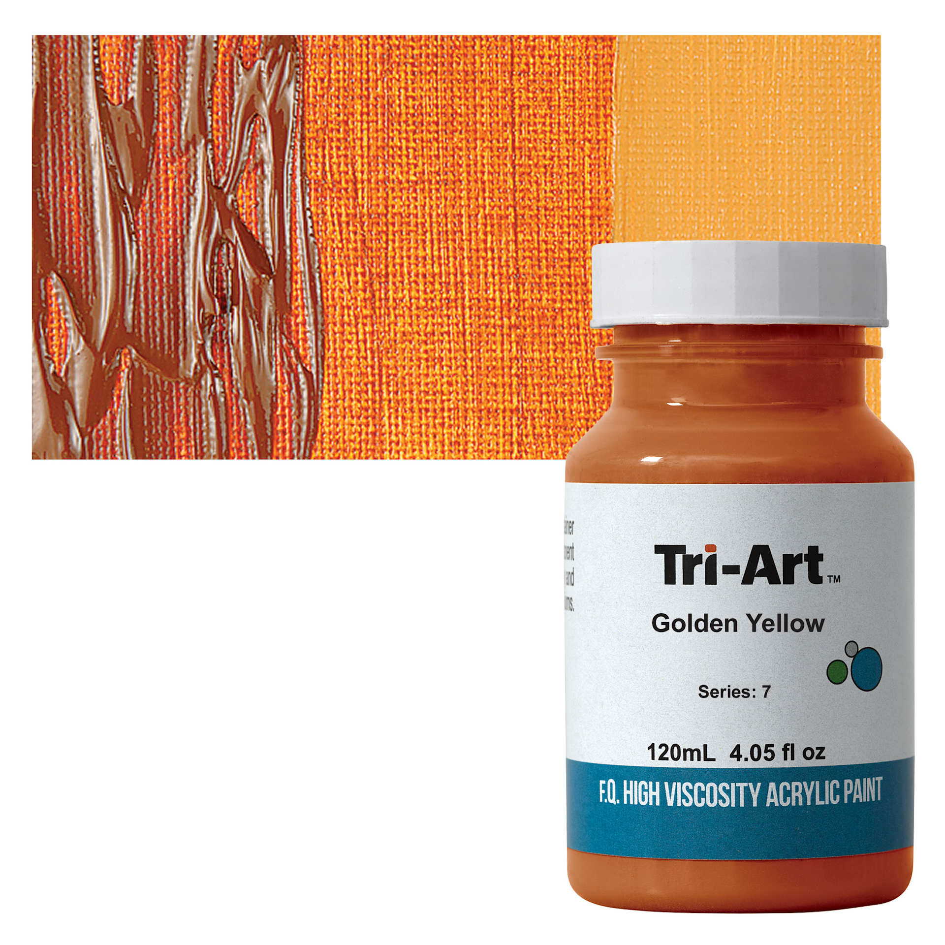 Tri-Art High Viscosity Artist Acrylic - Golden Yellow, 120 ml jar and swatch