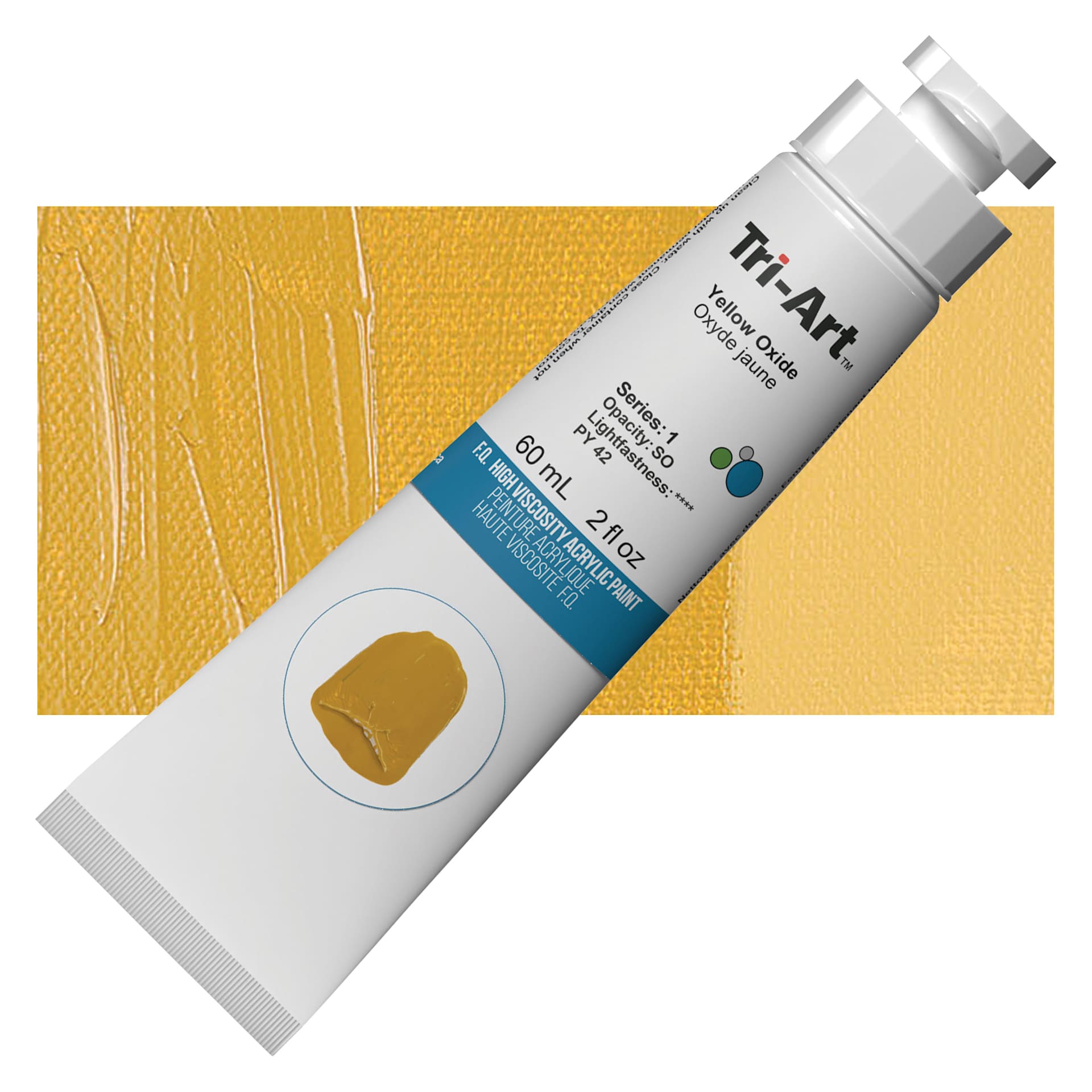 Tri-Art High Viscosity Artist Acrylic - Yellow Oxide, 60 ml tube and swatch