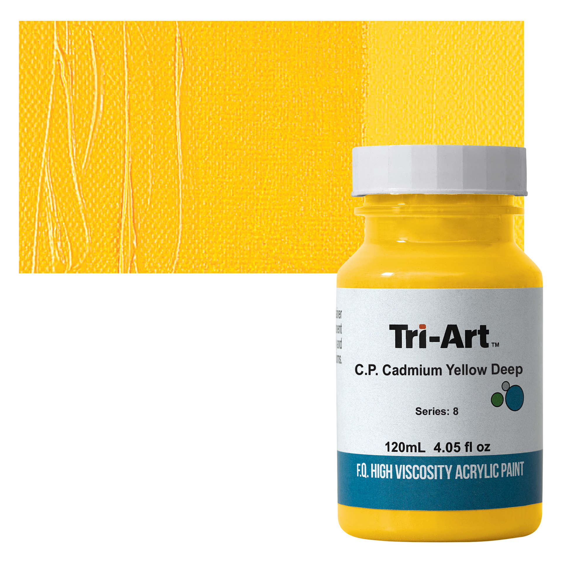 Tri-Art High Viscosity Artist Acrylic - C.P. Cadmium Yellow Deep, 120 ml jar and swatch