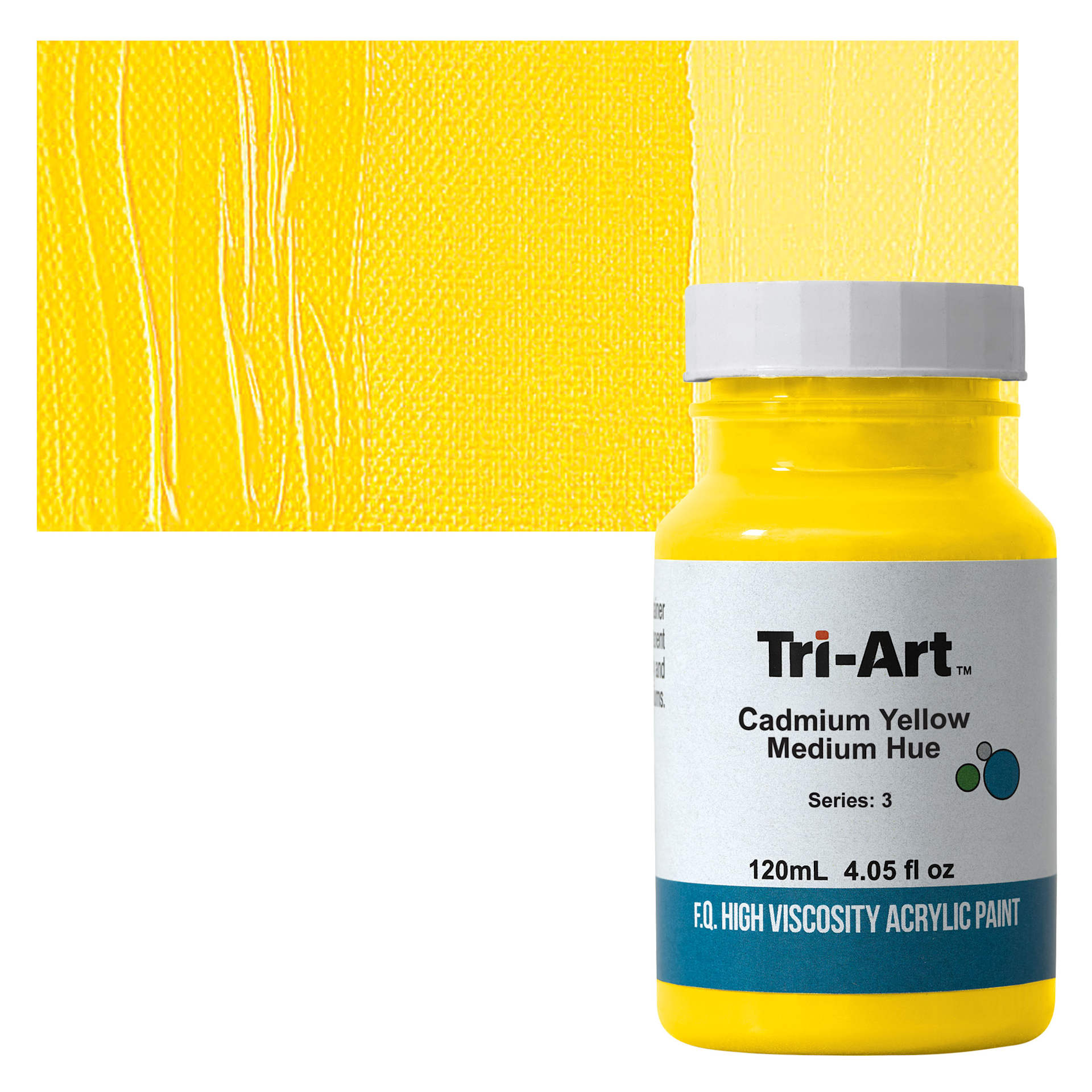 Tri-Art High Viscosity Artist Acrylic - Cadmium Yellow Medium Hue, 120 ml jar and swatch