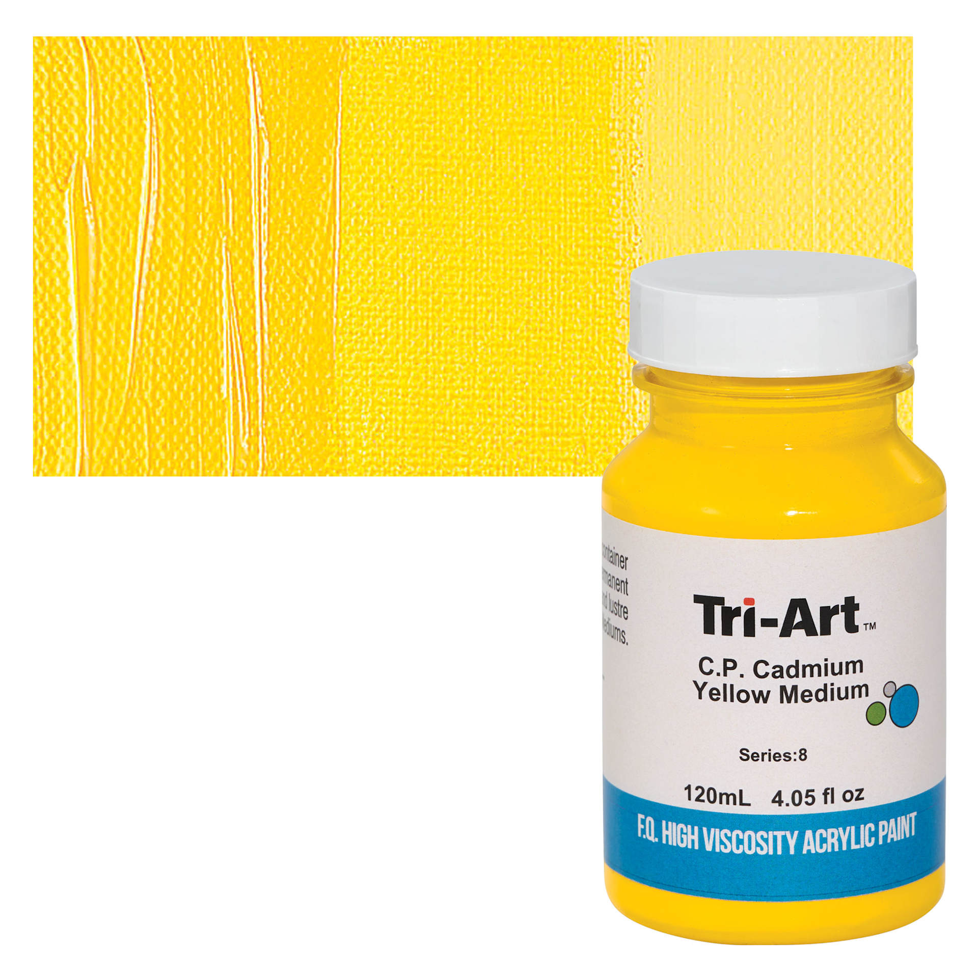 Tri-Art High Viscosity Artist Acrylic - C.P. Cadmium Yellow Medium, 120 ml jar and swatch