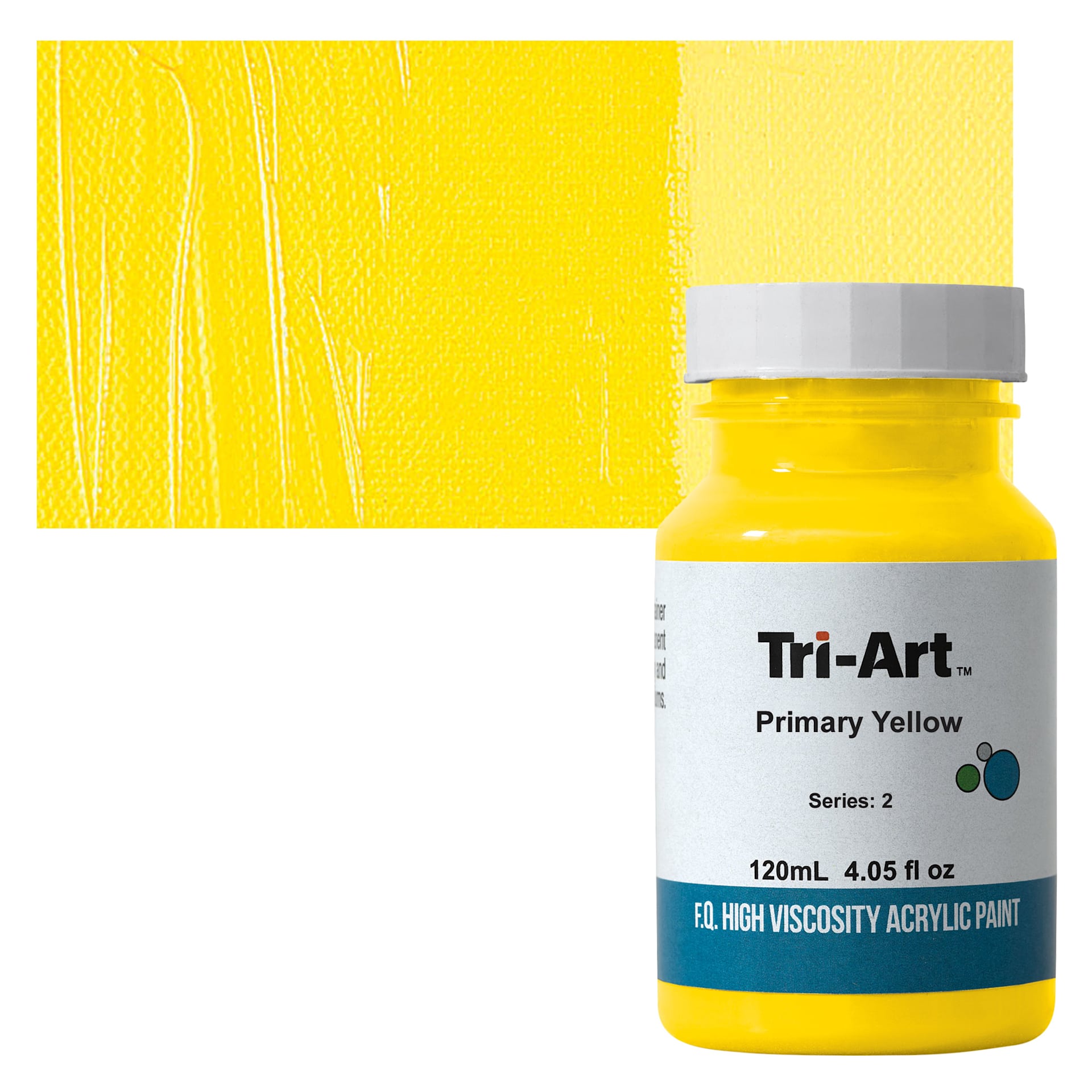 Tri-Art High Viscosity Artist Acrylic - Primary Yellow, 120 ml jar and swatch