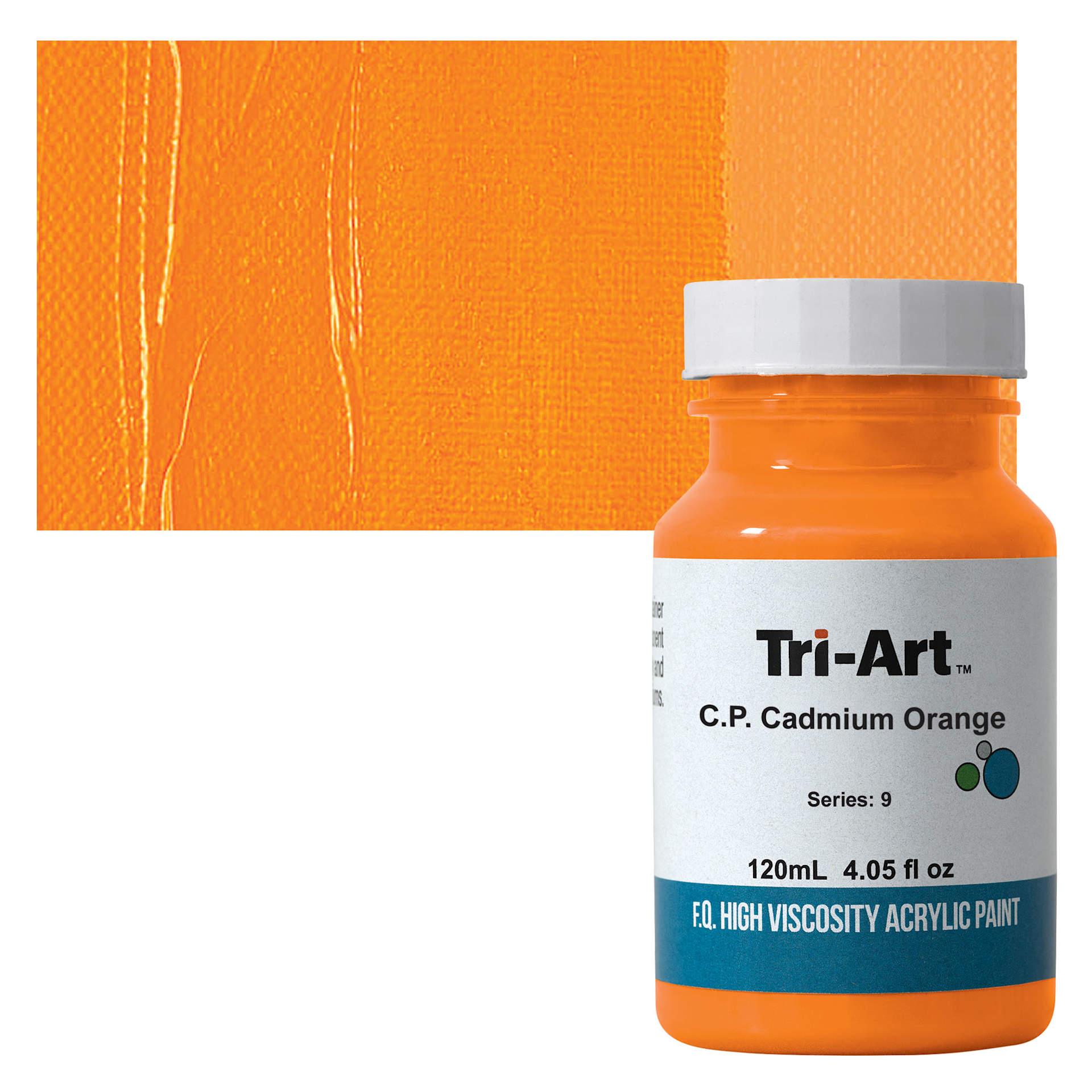 Tri-Art High Viscosity Artist Acrylic - C.P. Cadmium Orange, 120 ml jar and swatch