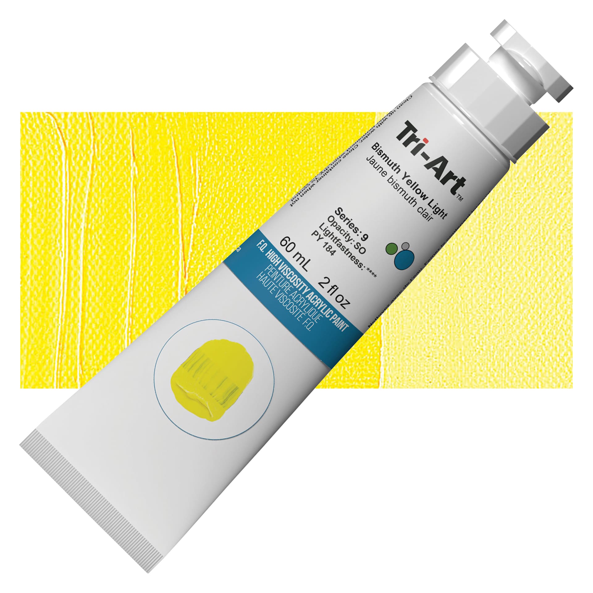 Tri-Art High Viscosity Artist Acrylic - Bismuth Yellow Light, 60 ml tube and swatch