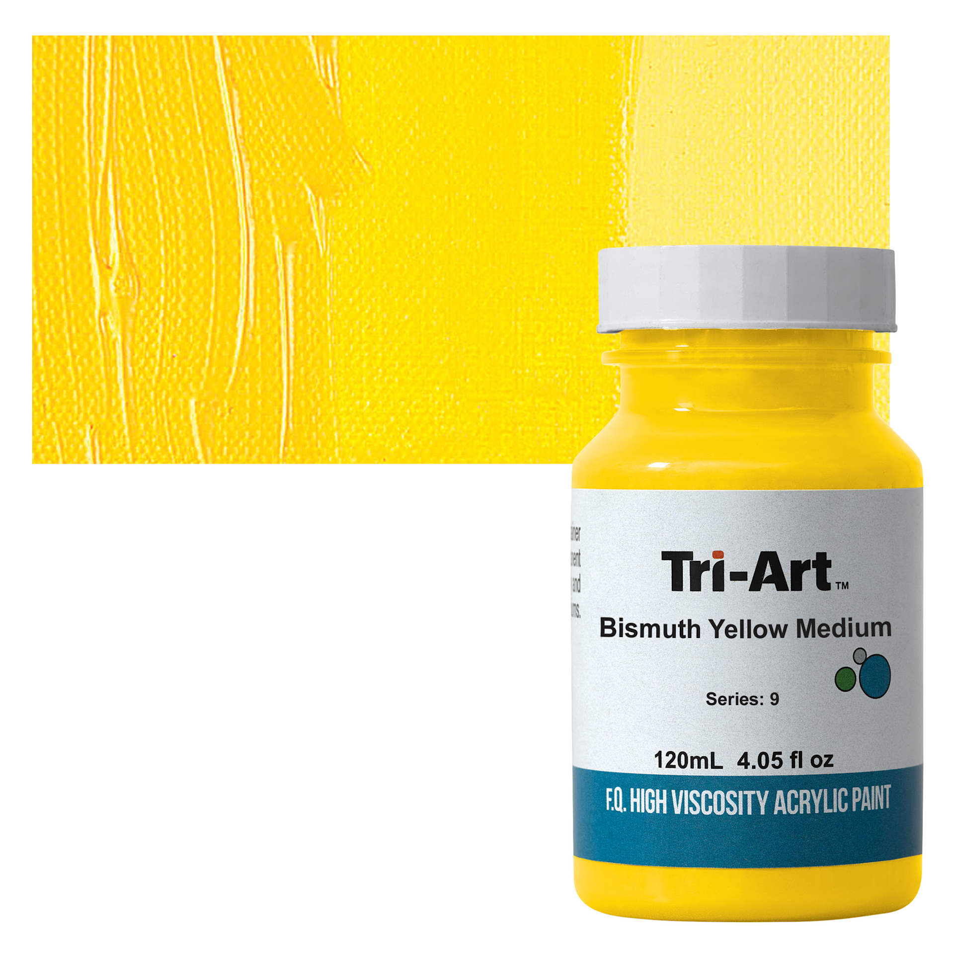 Tri-Art High Viscosity Artist Acrylic - Bismuth Yellow Medium, 120 ml jar and swatch