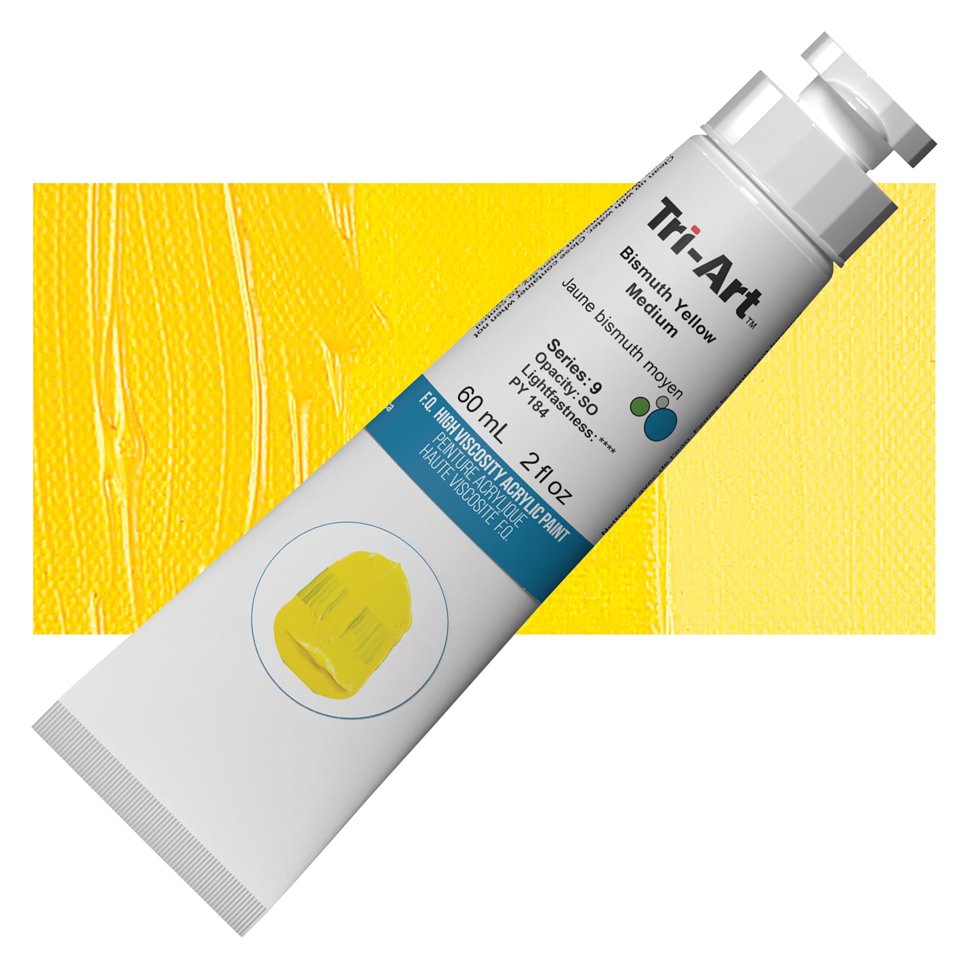 Tri-Art High Viscosity Artist Acrylic - Bismuth Yellow Medium, 60 ml tube and swatch