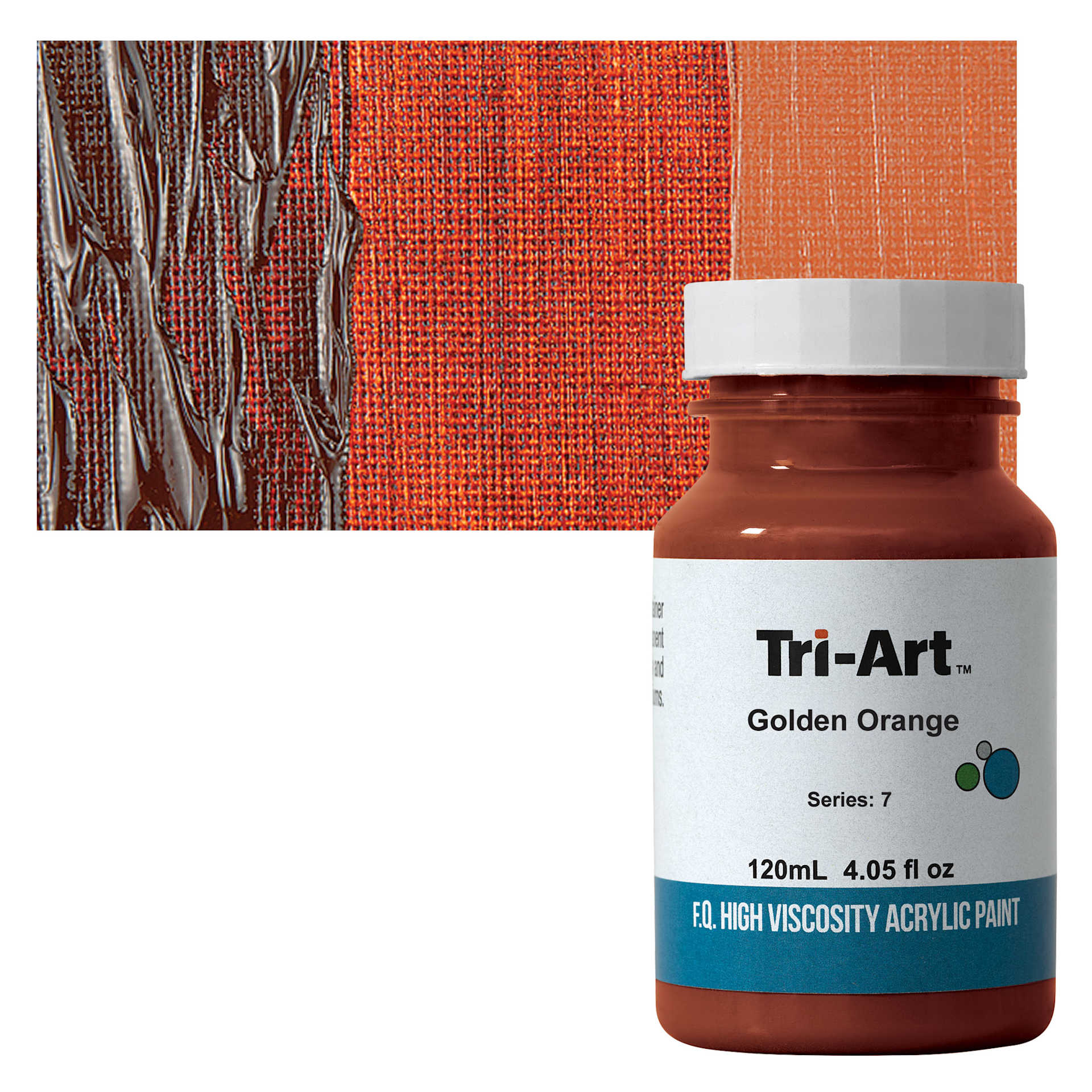 Tri-Art High Viscosity Artist Acrylic - Golden Orange, 120 ml jar and swatch
