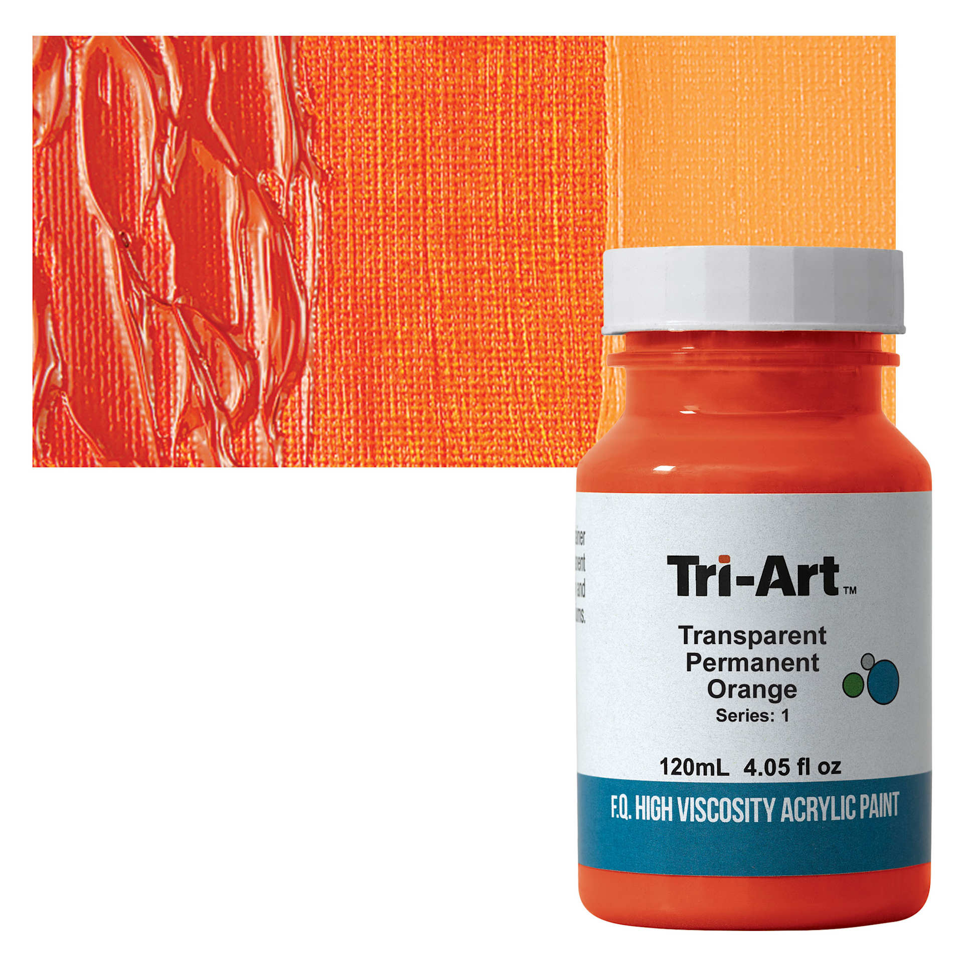 Tri-Art High Viscosity Artist Acrylic  - Transparent Permanent Orange, 120 ml jar and swatch