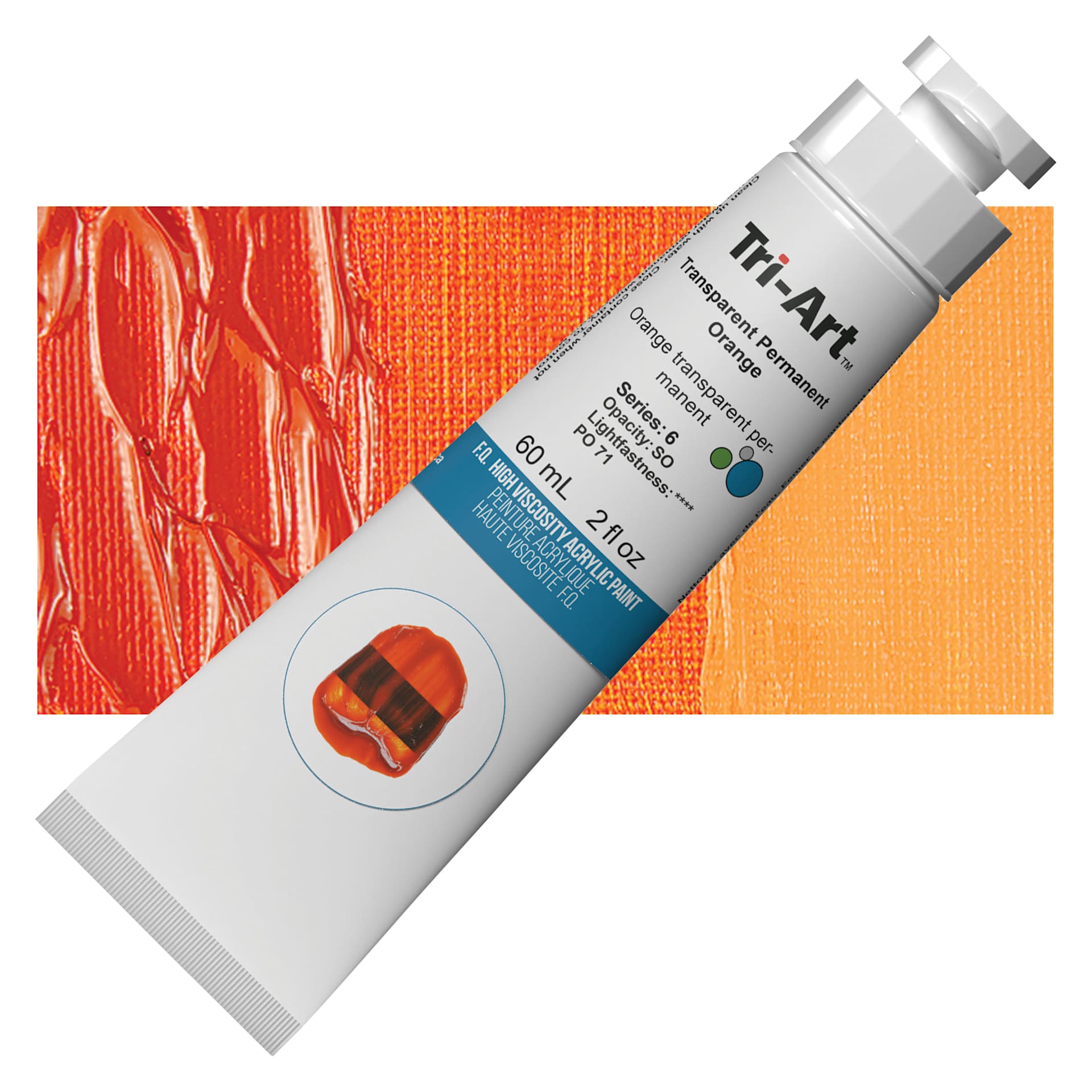 Tri-Art High Viscosity Artist Acrylic - Transparent Permanent Orange, 60 ml tube and swatch