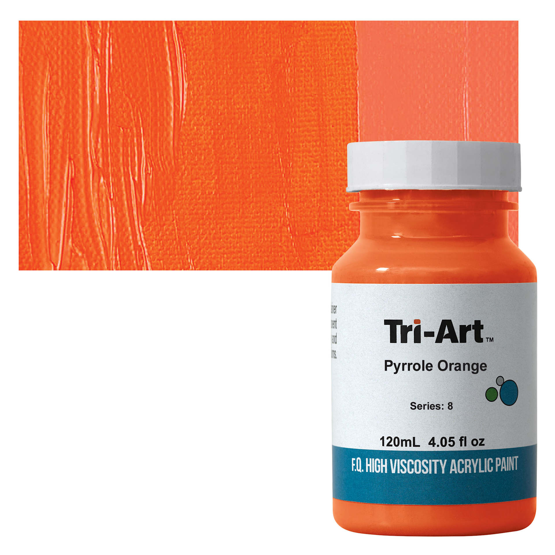 Tri-Art High Viscosity Artist Acrylic - Pyrrole Orange, 120 ml jar and swatch