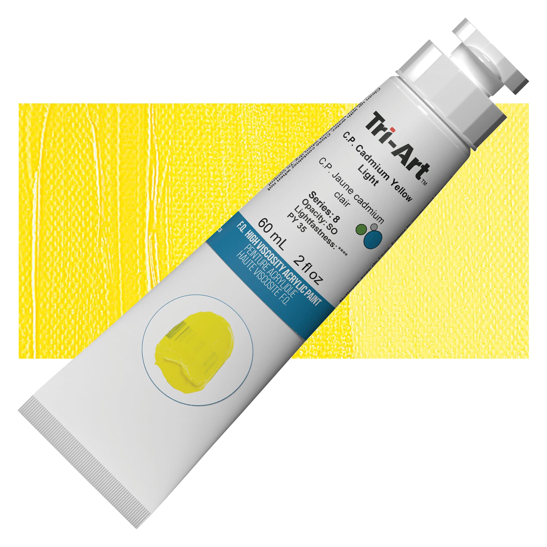 Tri-Art High Viscosity Artist Acrylic - C.P. Cadmium Yellow Light, 60 ml tube and swatch