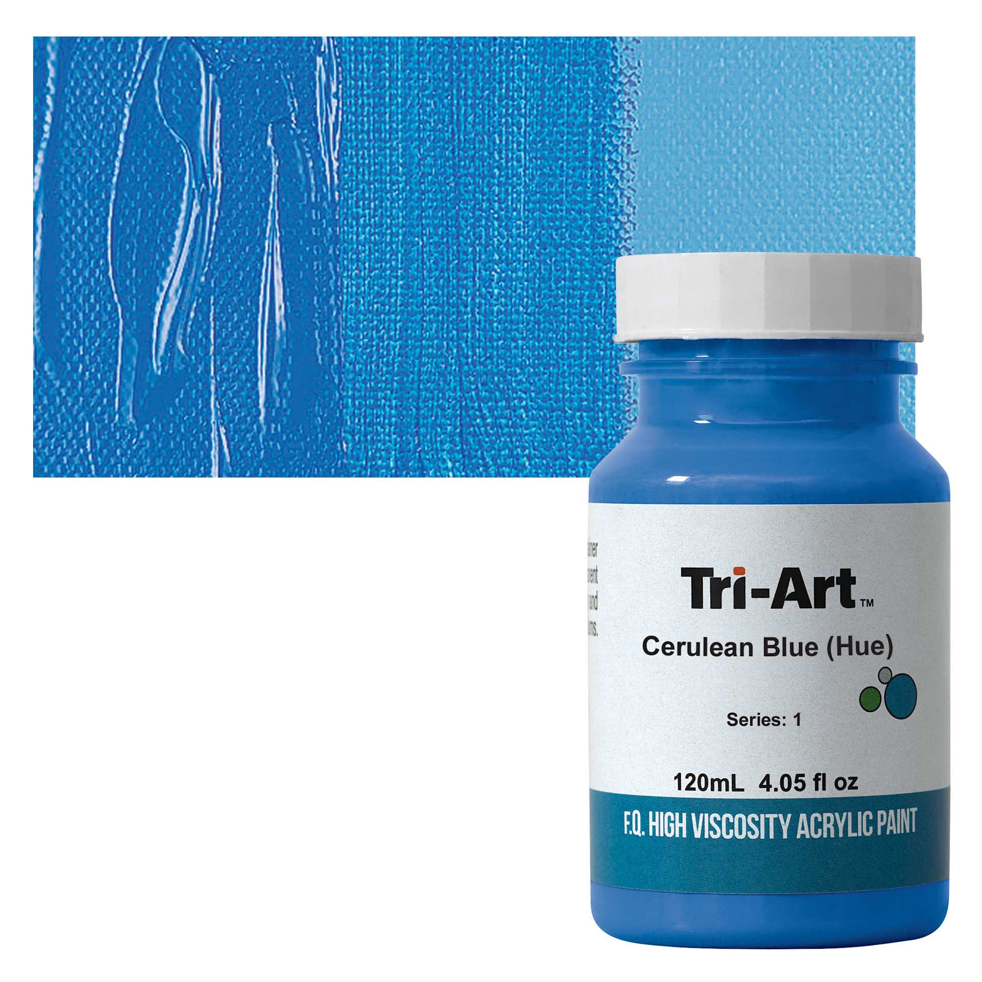 Tri-Art High Viscosity Artist Acrylic - Cerulean Blue Hue, 120 ml jar and swatch
