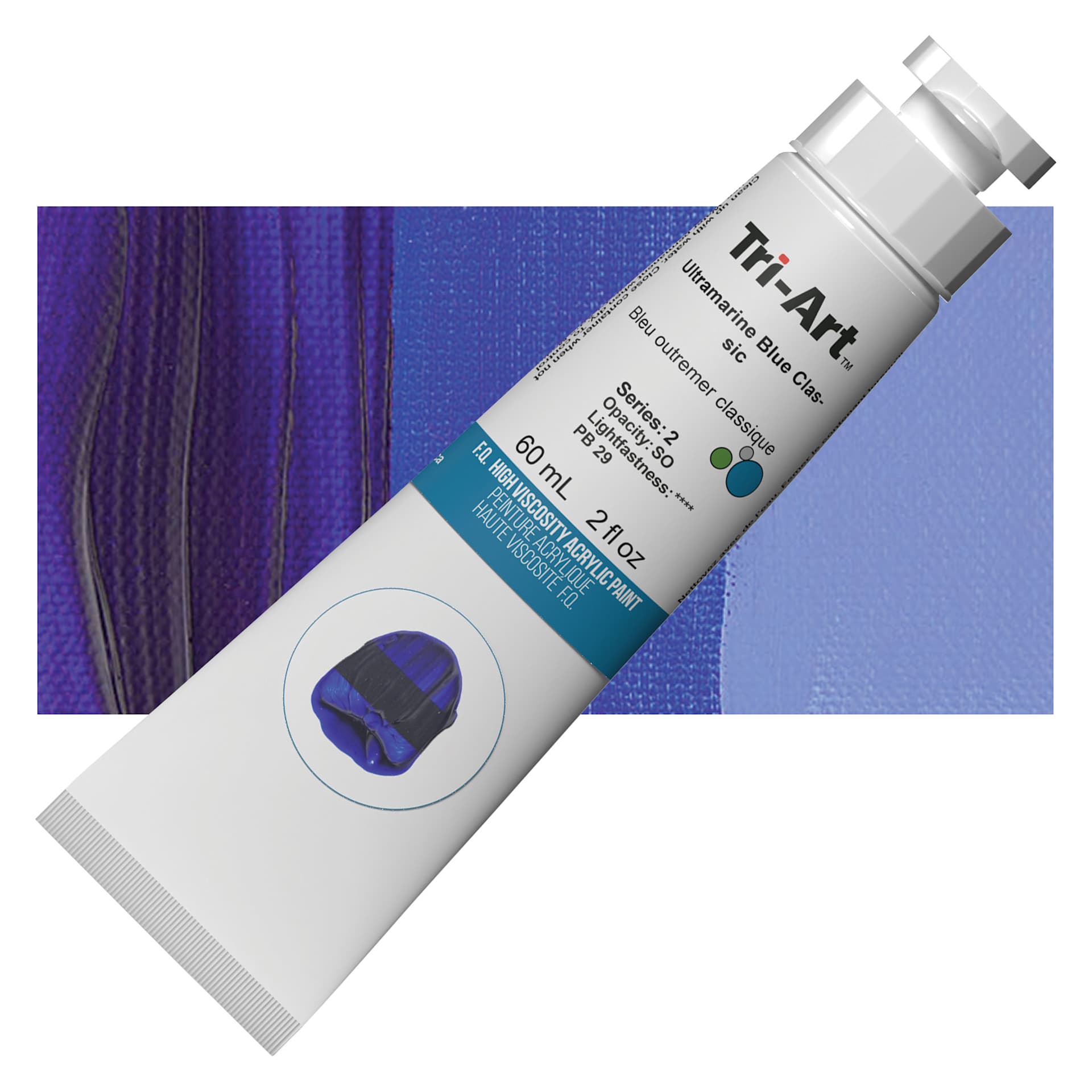 Tri-Art High Viscosity Artist Acrylic - Ultramarine Blue, 60 ml tube and swatch