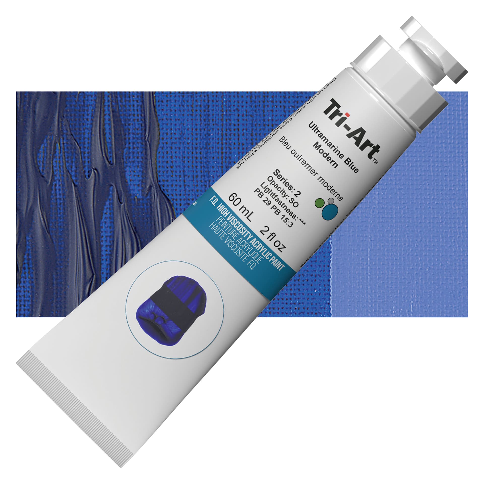 Tri-Art High Viscosity Artist Acrylic - Ultramarine Blue Modern, 60 ml tube and swatch