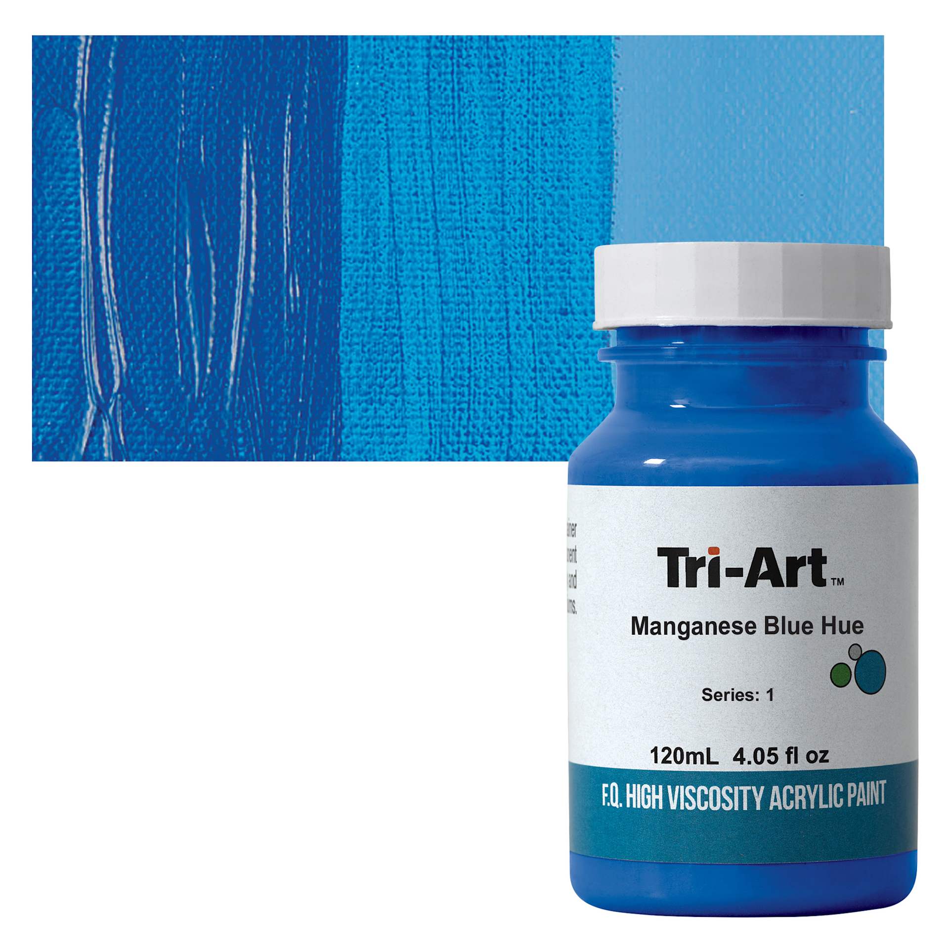 Tri-Art High Viscosity Artist Acrylic - Manganese Blue Hue, 120 ml jar and swatch
