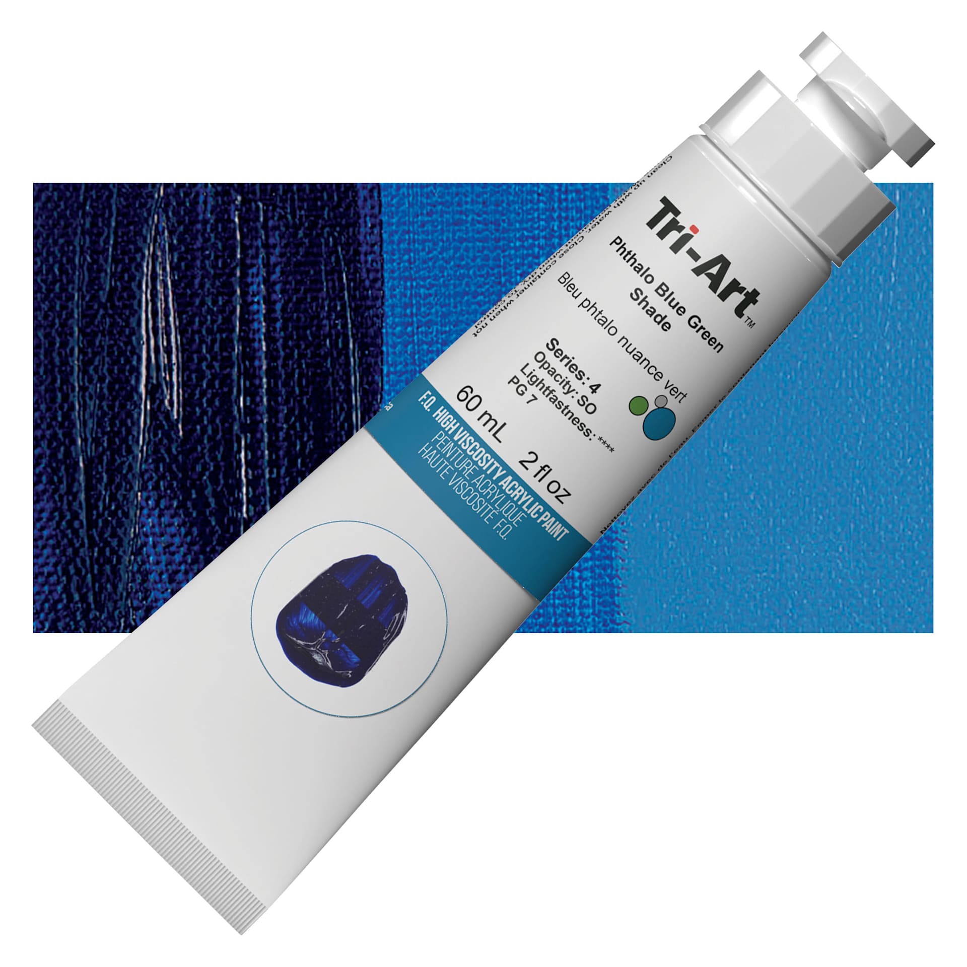 Tri-Art High Viscosity Artist Acrylic - Phthalo Blue Green Shade, 60 ml tube and swatch