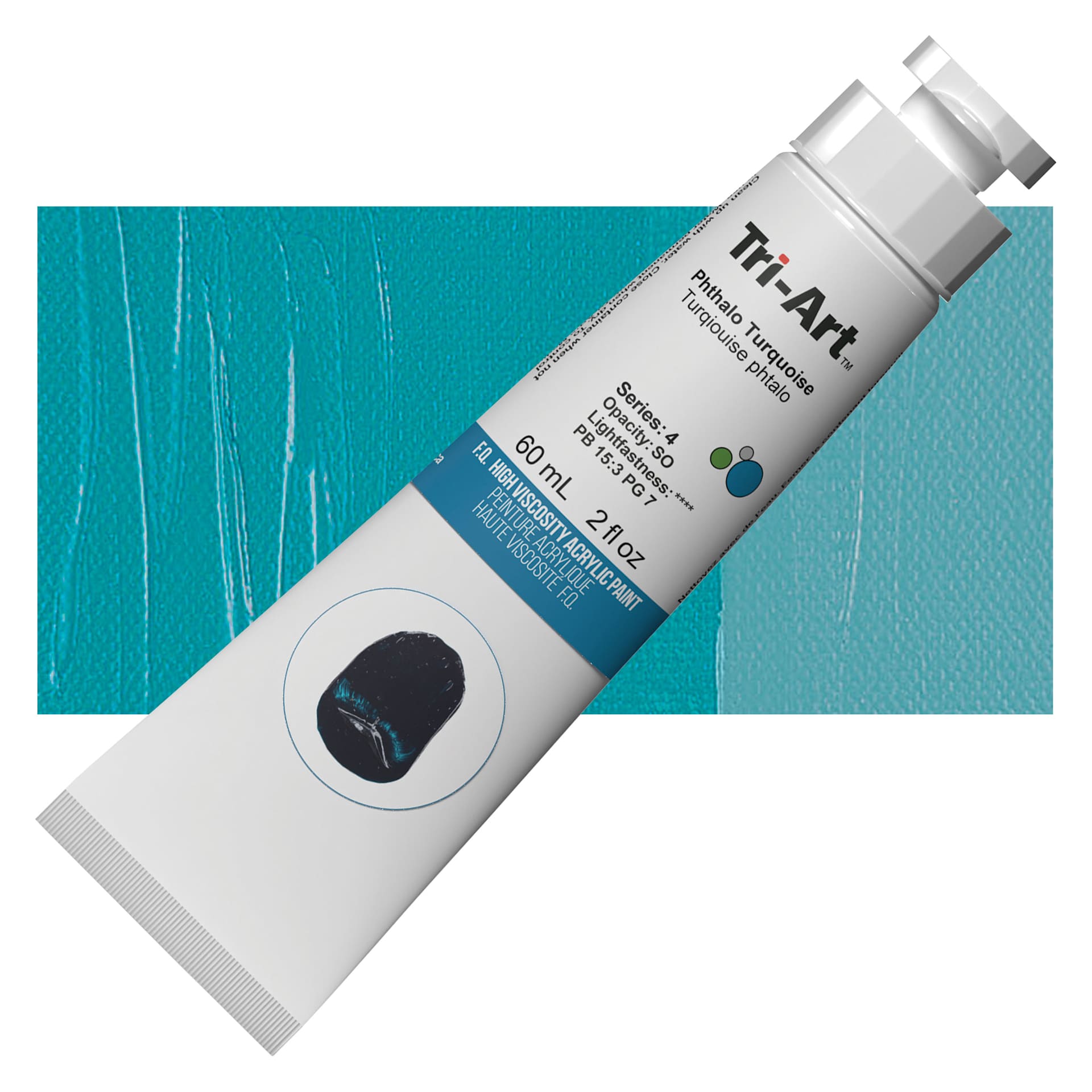 Tri-Art High Viscosity Artist Acrylic - Phthalo Turquoise Light, 60 ml tube and swatch