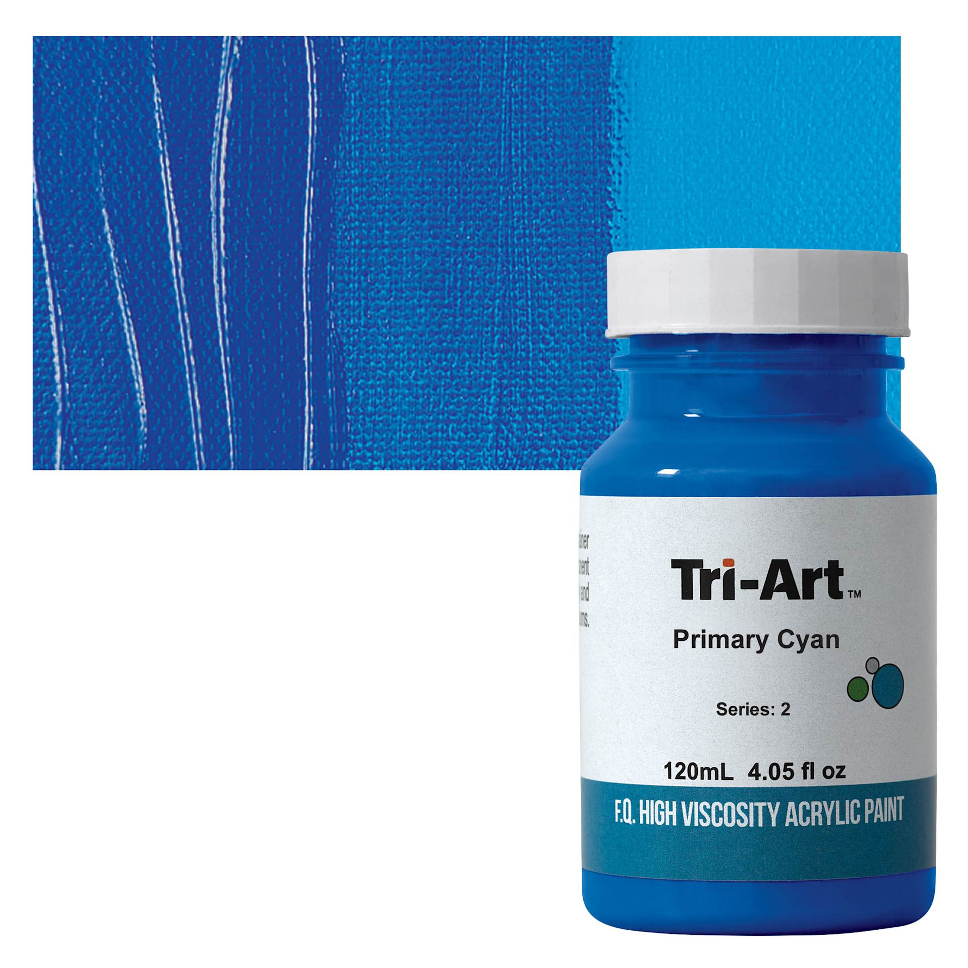 Tri-Art High Viscosity Artist Acrylic - Primary Cyan, 120 ml jar and swatch
