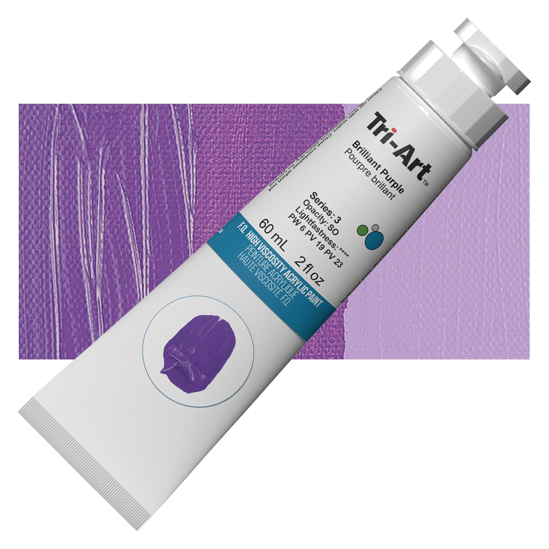 Tri-Art High Viscosity Artist Acrylic - Brilliant Purple, 60 ml tube and swatch