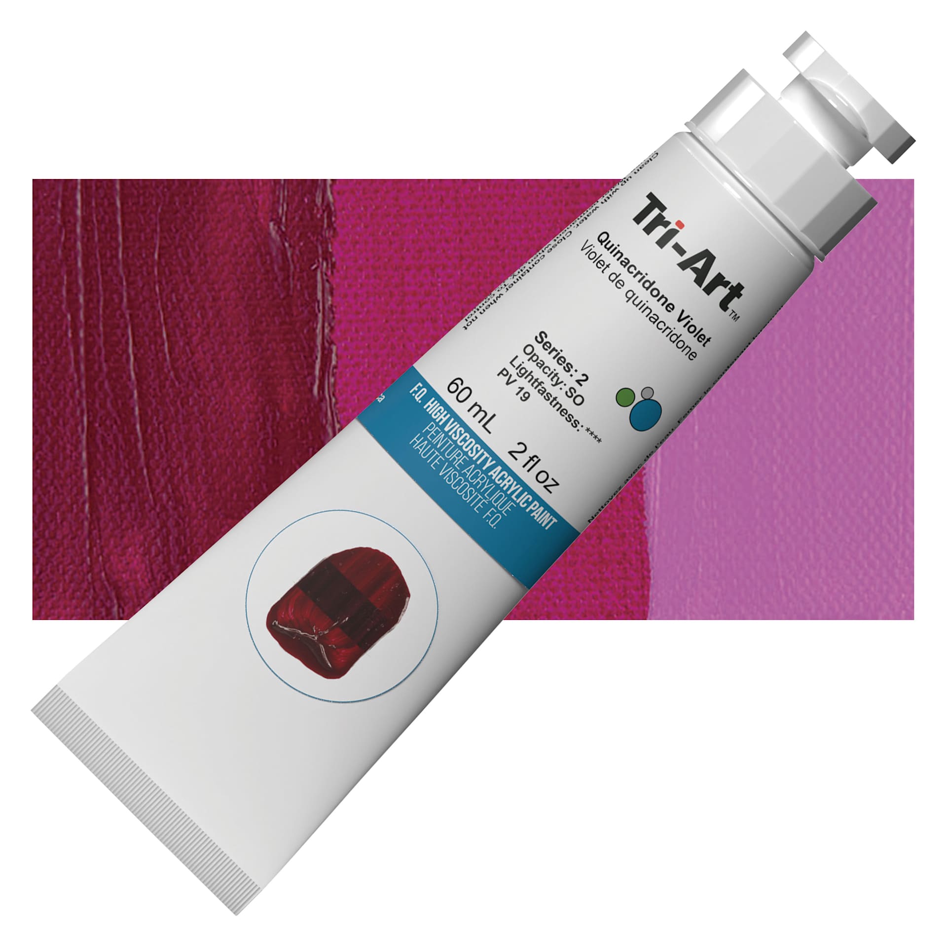 Tri-Art High Viscosity Artist Acrylic - Quinacridone Violet, 60 ml tube and swatch