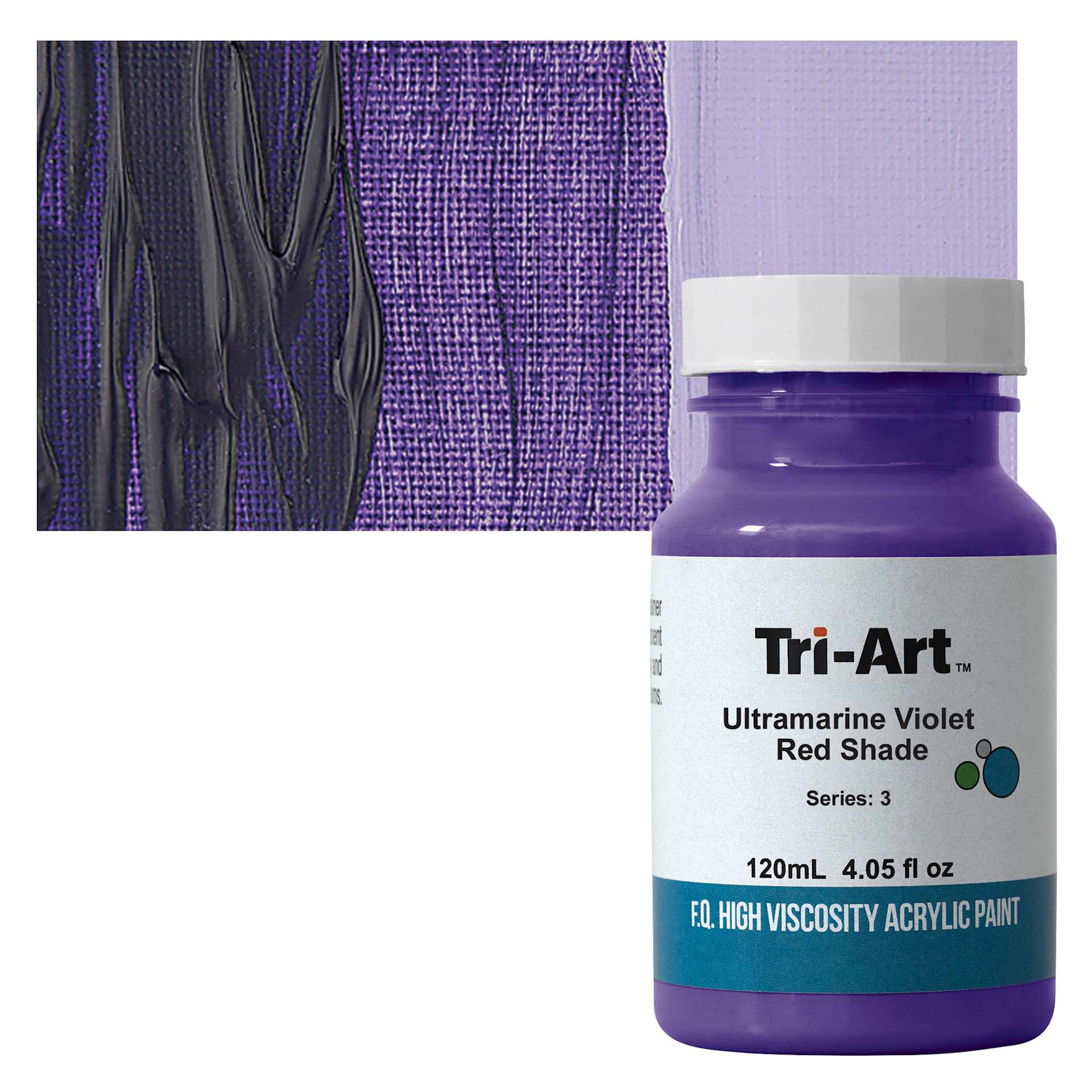 Tri-Art High Viscosity Artist Acrylic - Ultramarine Violet Red Shade, 120 ml jar and swatch