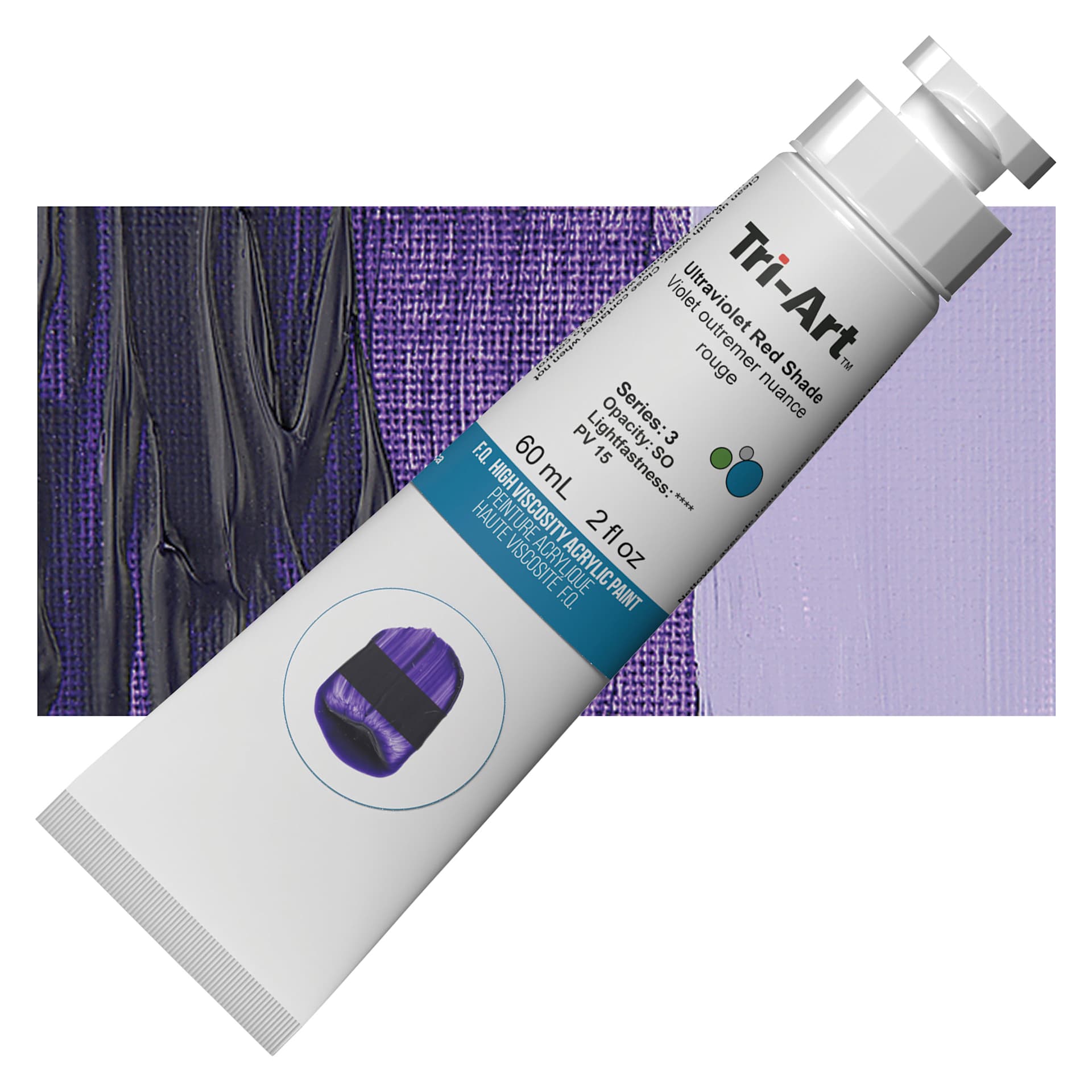 Tri-Art High Viscosity Artist Acrylic - Ultramarine Violet Red Shade, 60 ml tube and swatch