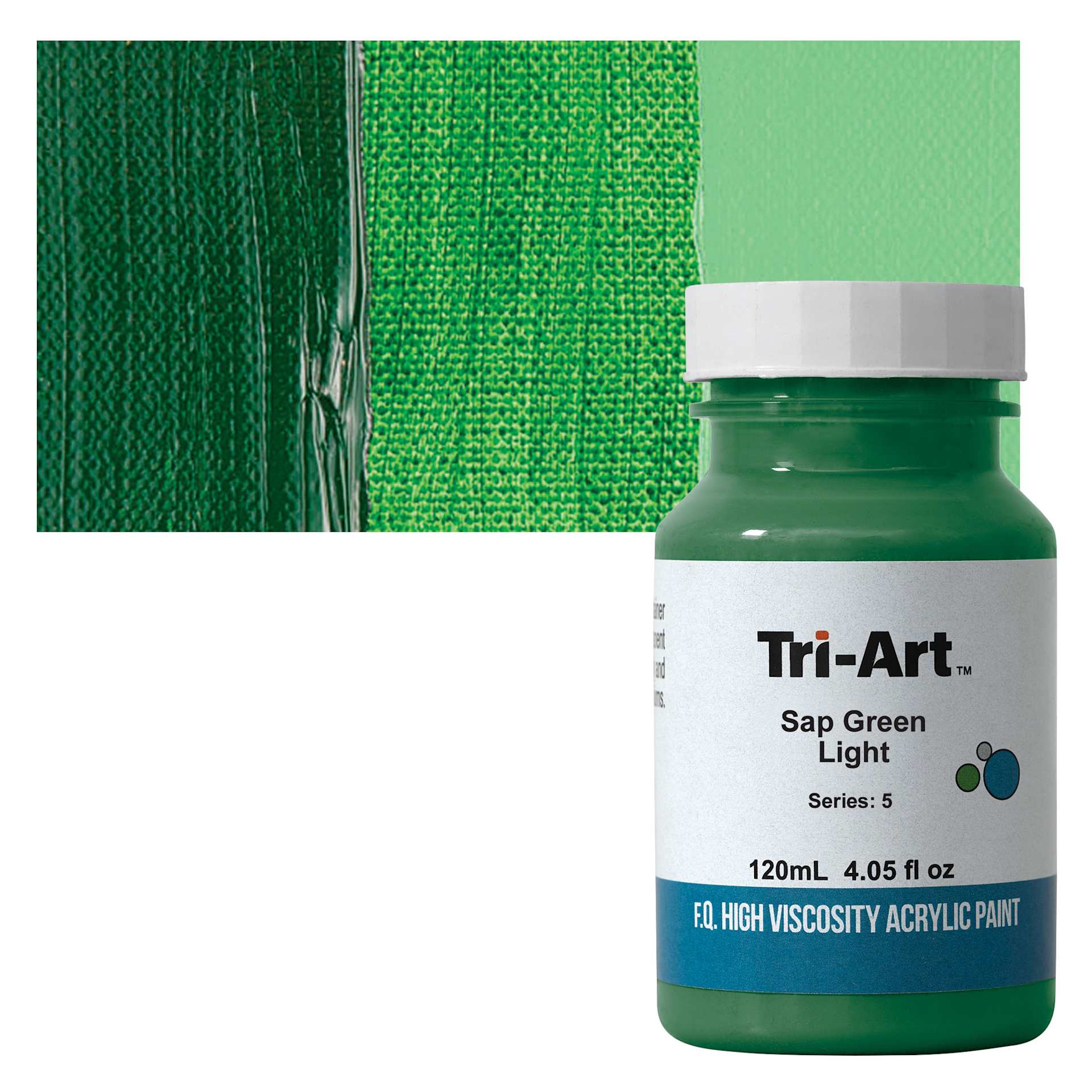 Tri-Art High Viscosity Artist Acrylic - Sap Green Light, 120 ml jar and swatch
