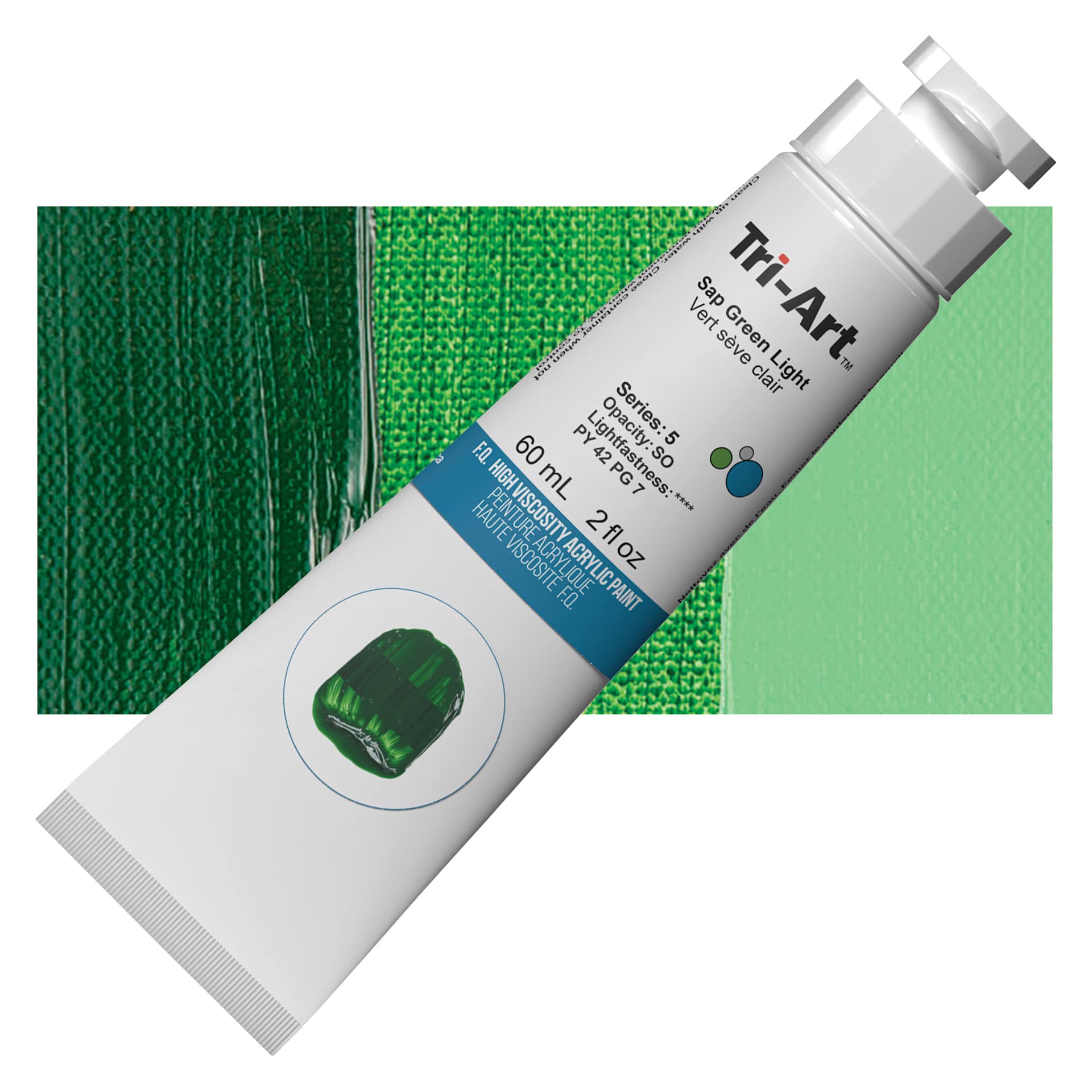 Tri-Art High Viscosity Artist Acrylic - Sap Green Light, 60 ml tube and swatch