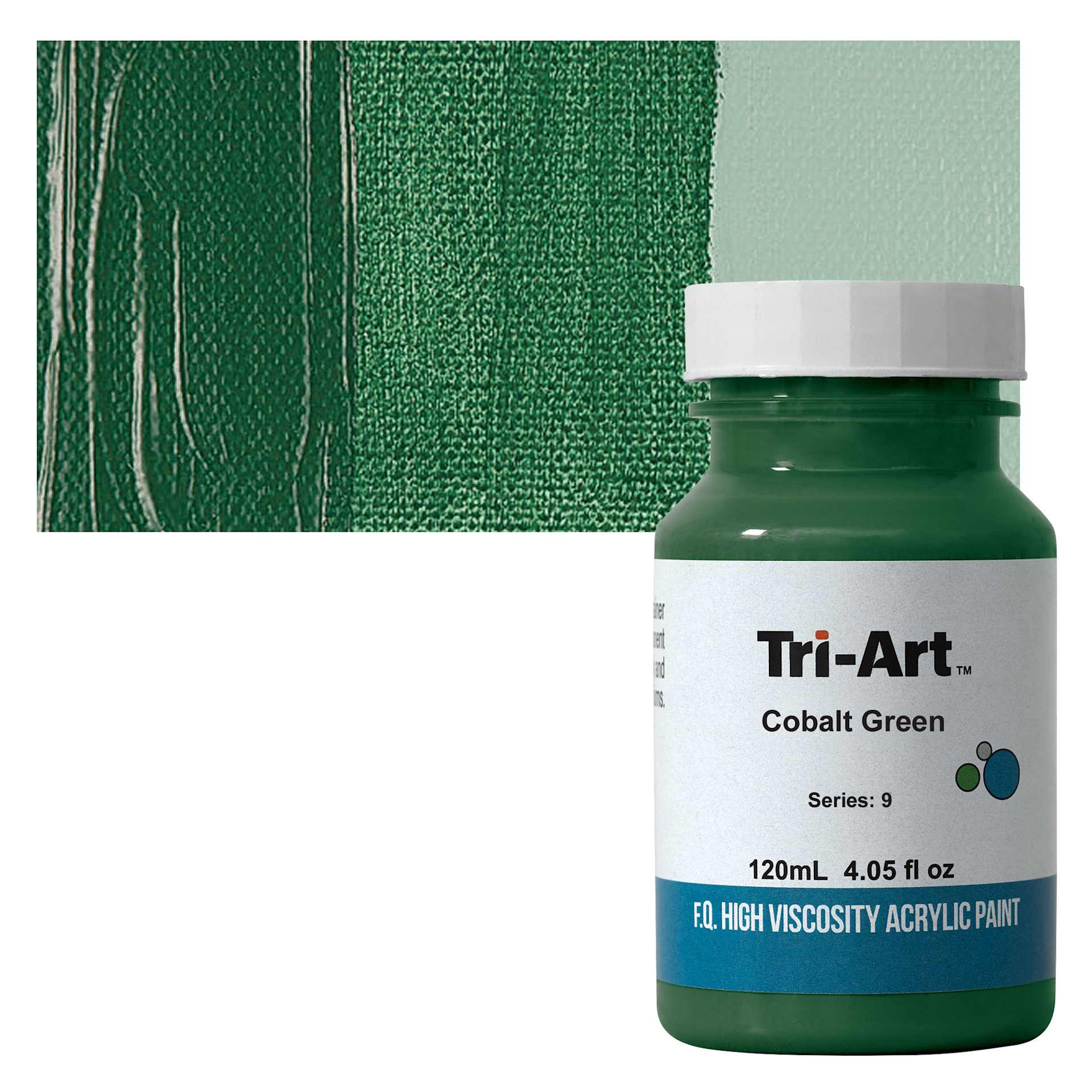 Tri-Art High Viscosity Artist Acrylic - Cobalt Green, 120 ml jar and swatch