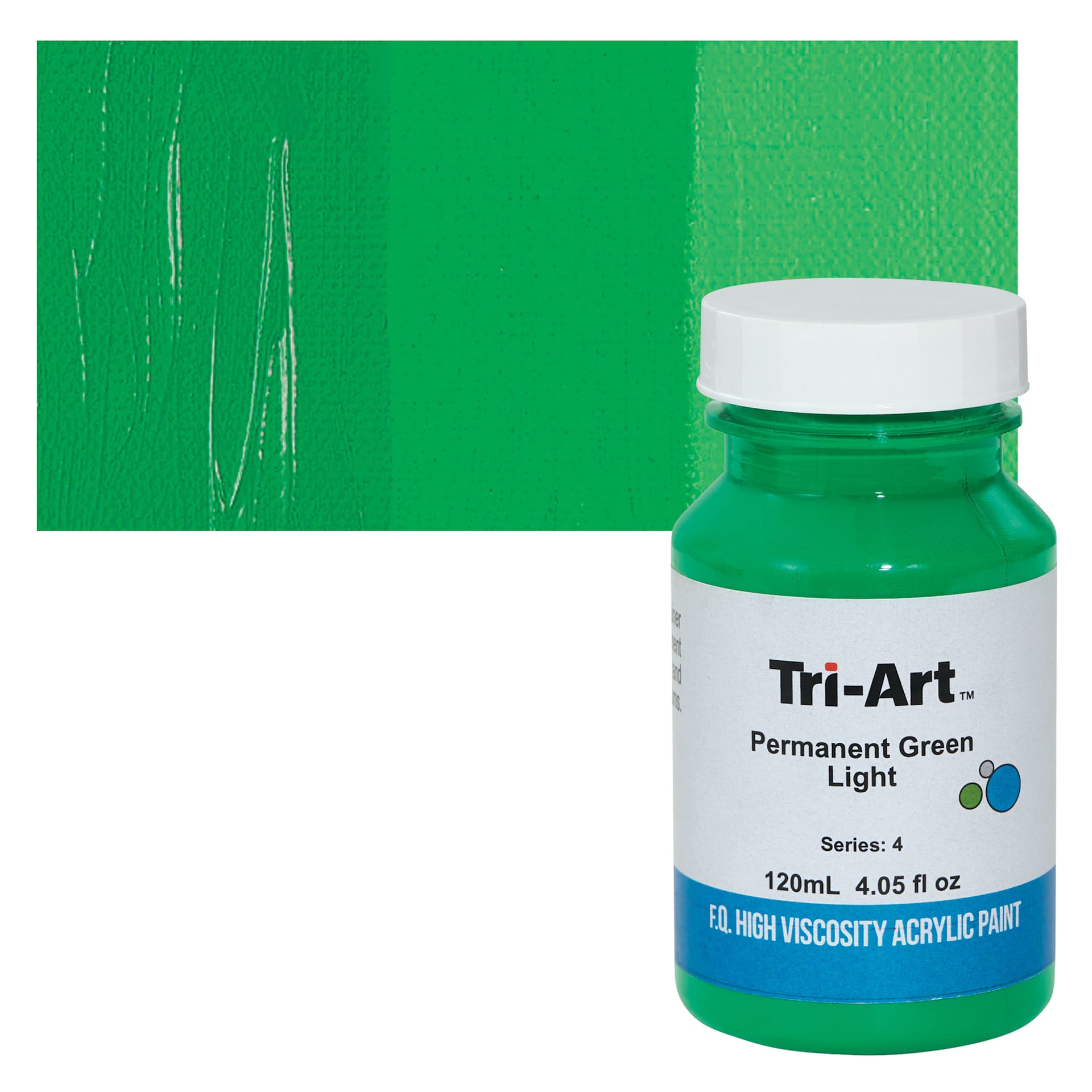 Tri-Art High Viscosity Artist Acrylic - Permanent Green Light, 120 ml jar and swatch