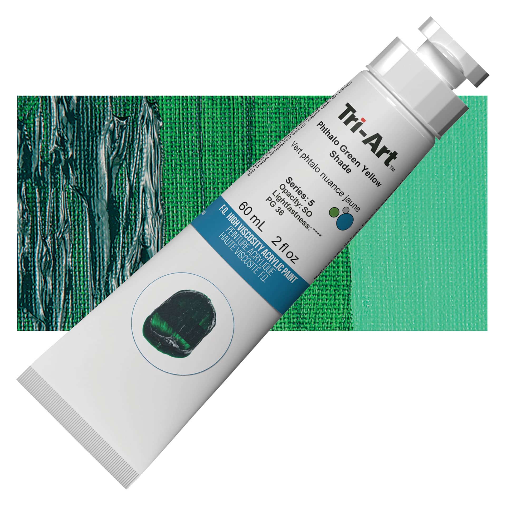 Tri-Art High Viscosity Artist Acrylic - Phthalo Green Yellow Shade, 60 ml tube and swatch