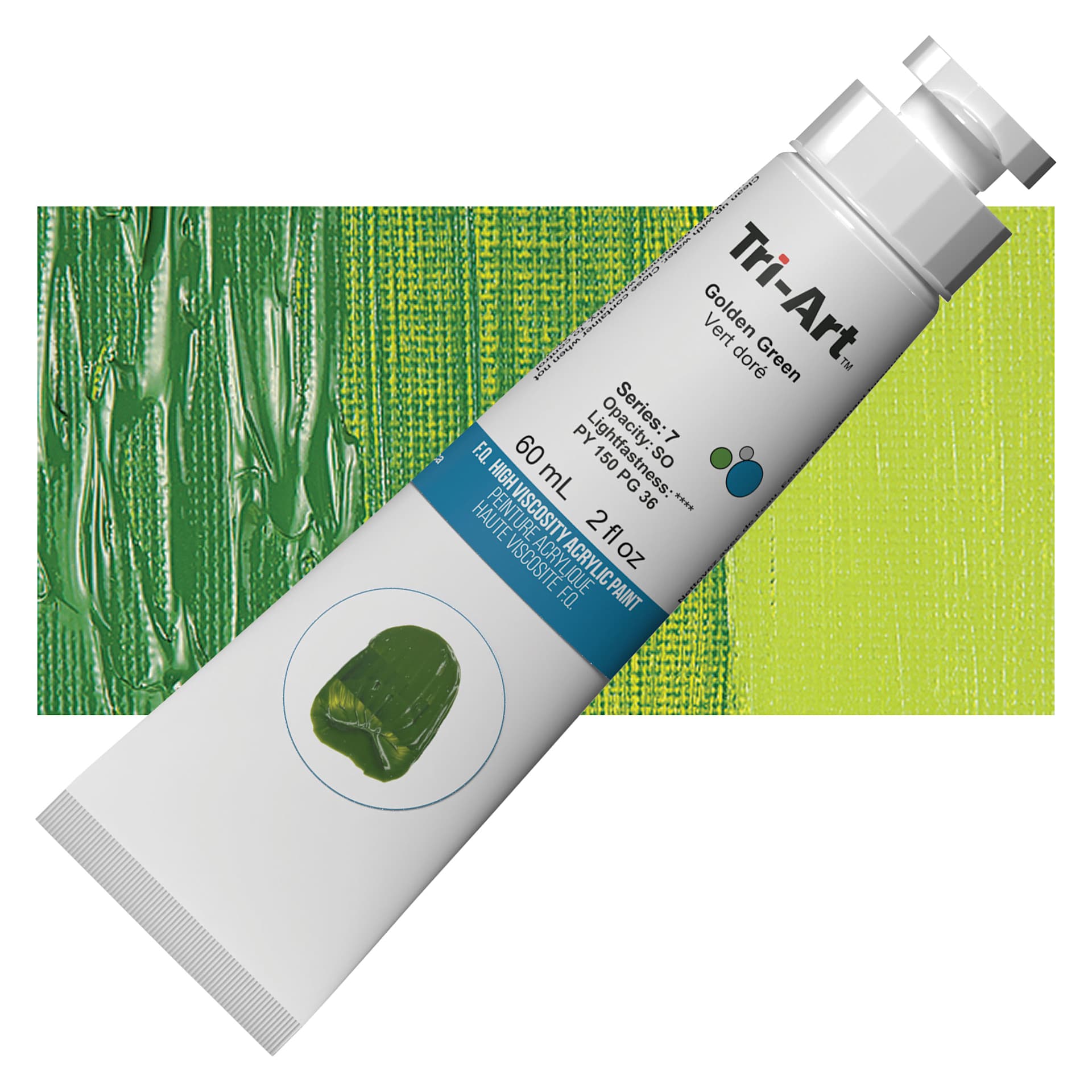 Tri-Art High Viscosity Artist Acrylic - Golden Green, 60 ml tube and swatch