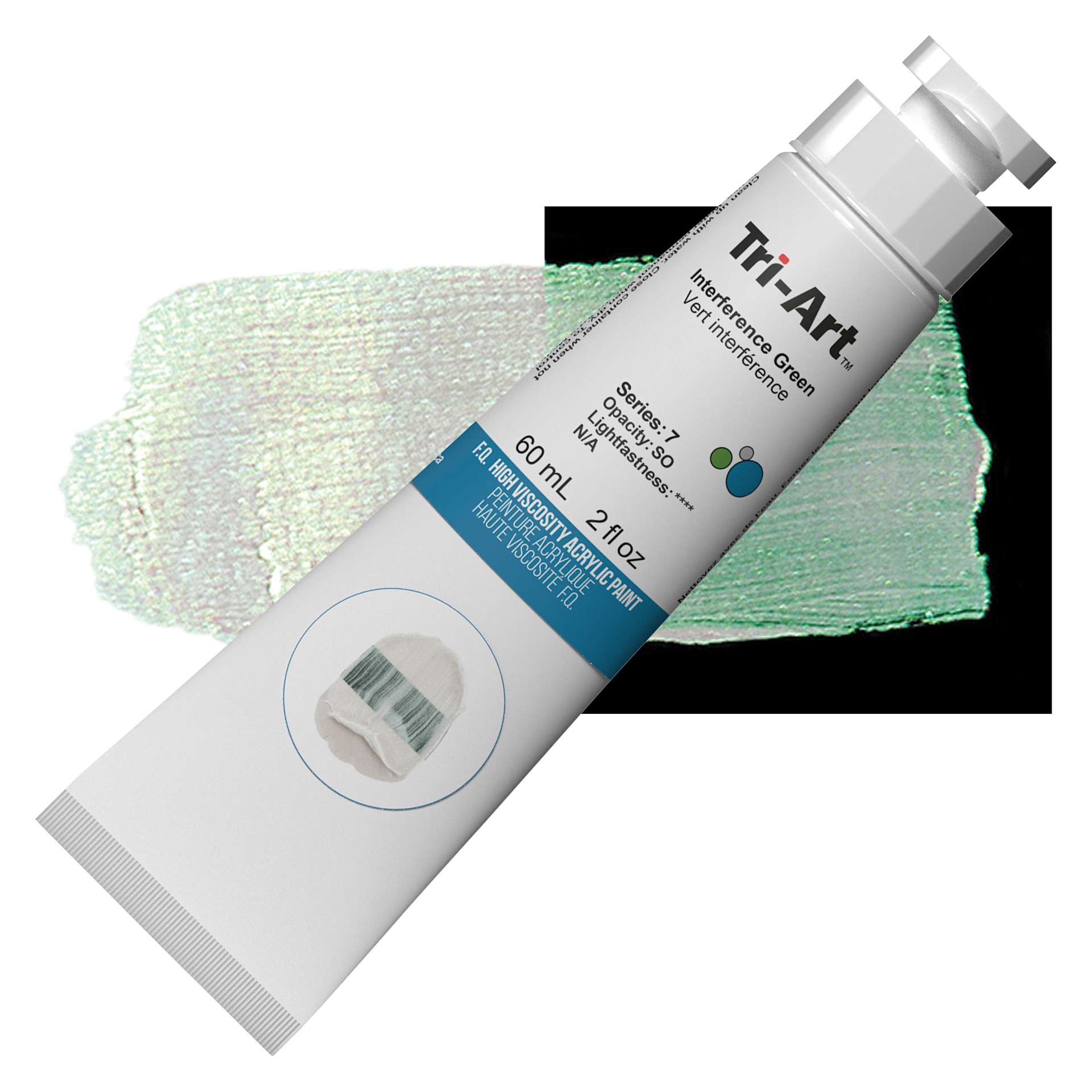 Tri-Art High Viscosity Artist Acrylic - Interference Green, 60 ml tube and swatch