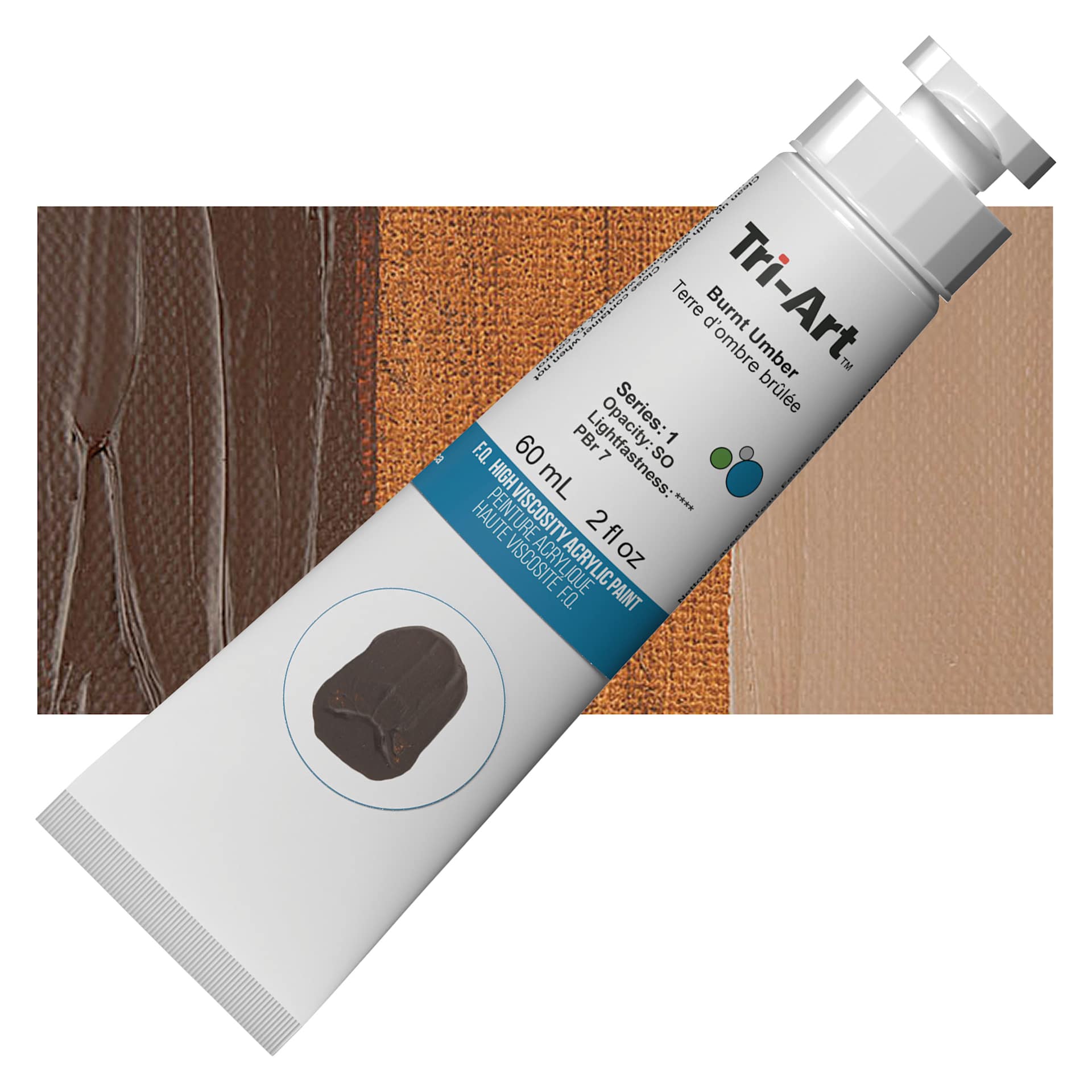 Tri-Art High Viscosity Artist Acrylic - Burnt Umber, 60 ml tube and swatch