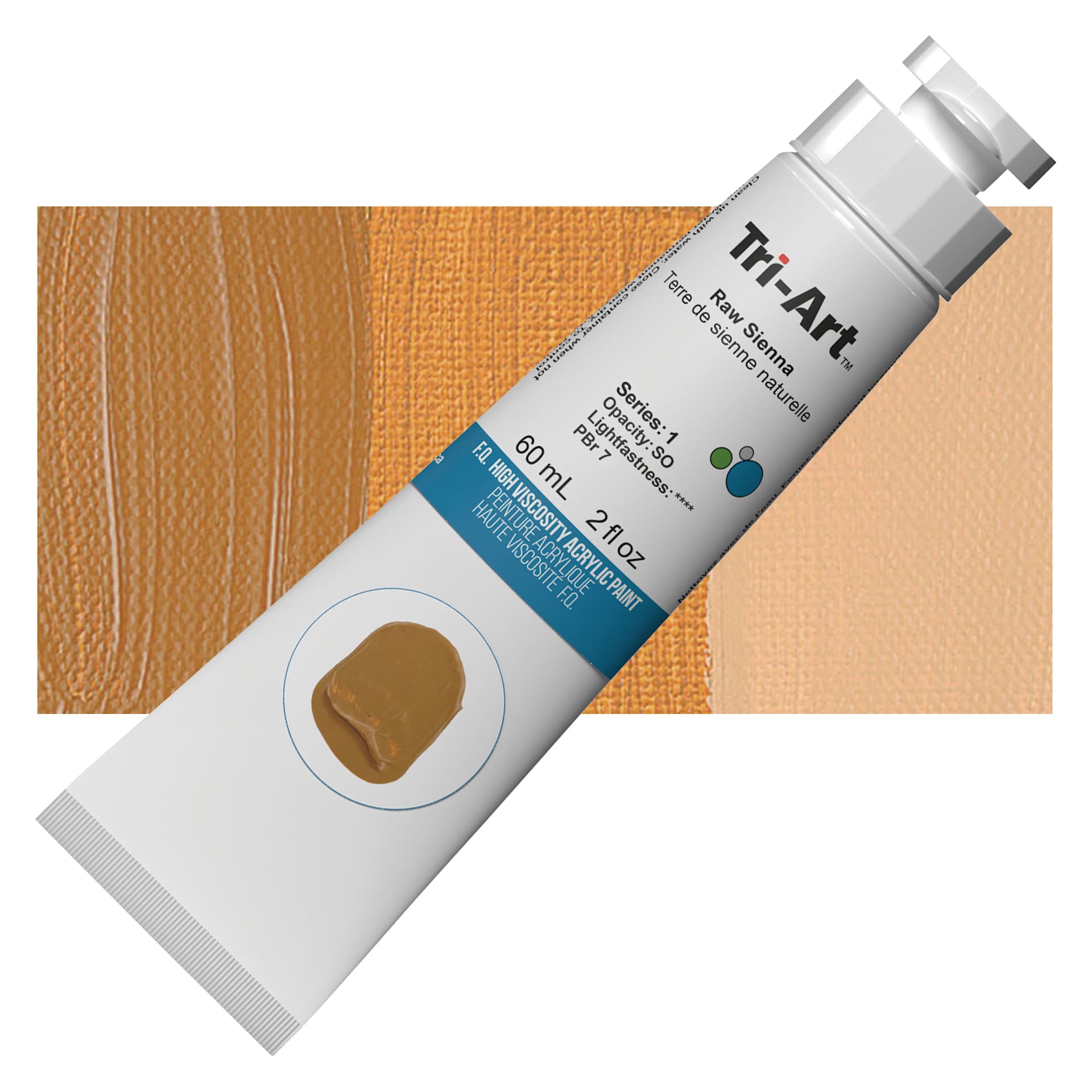 Tri-Art High Viscosity Artist Acrylic - Raw Sienna, 60 ml tube and swatch