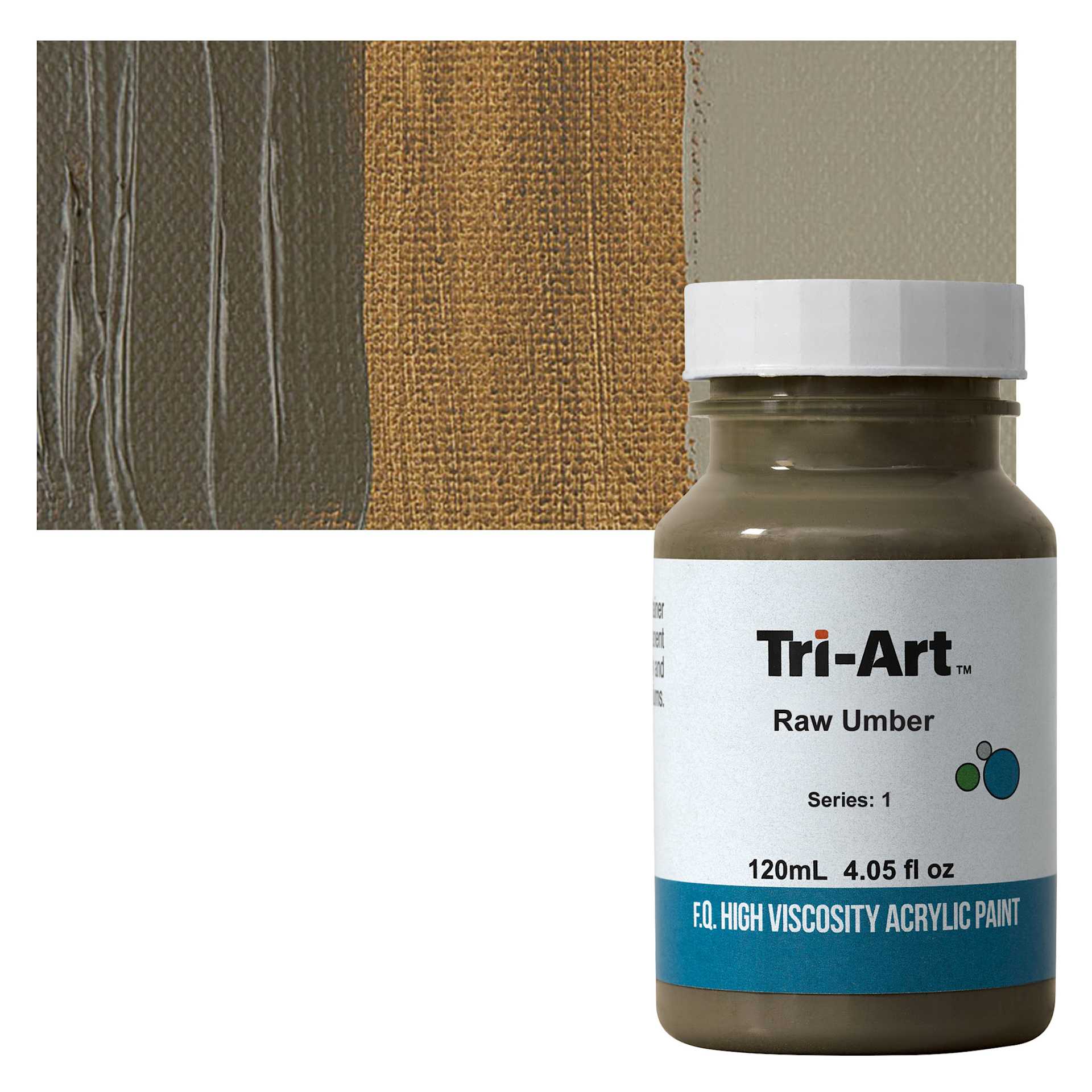 Tri-Art High Viscosity Artist Acrylic - Raw Umber, 120 ml jar and swatch