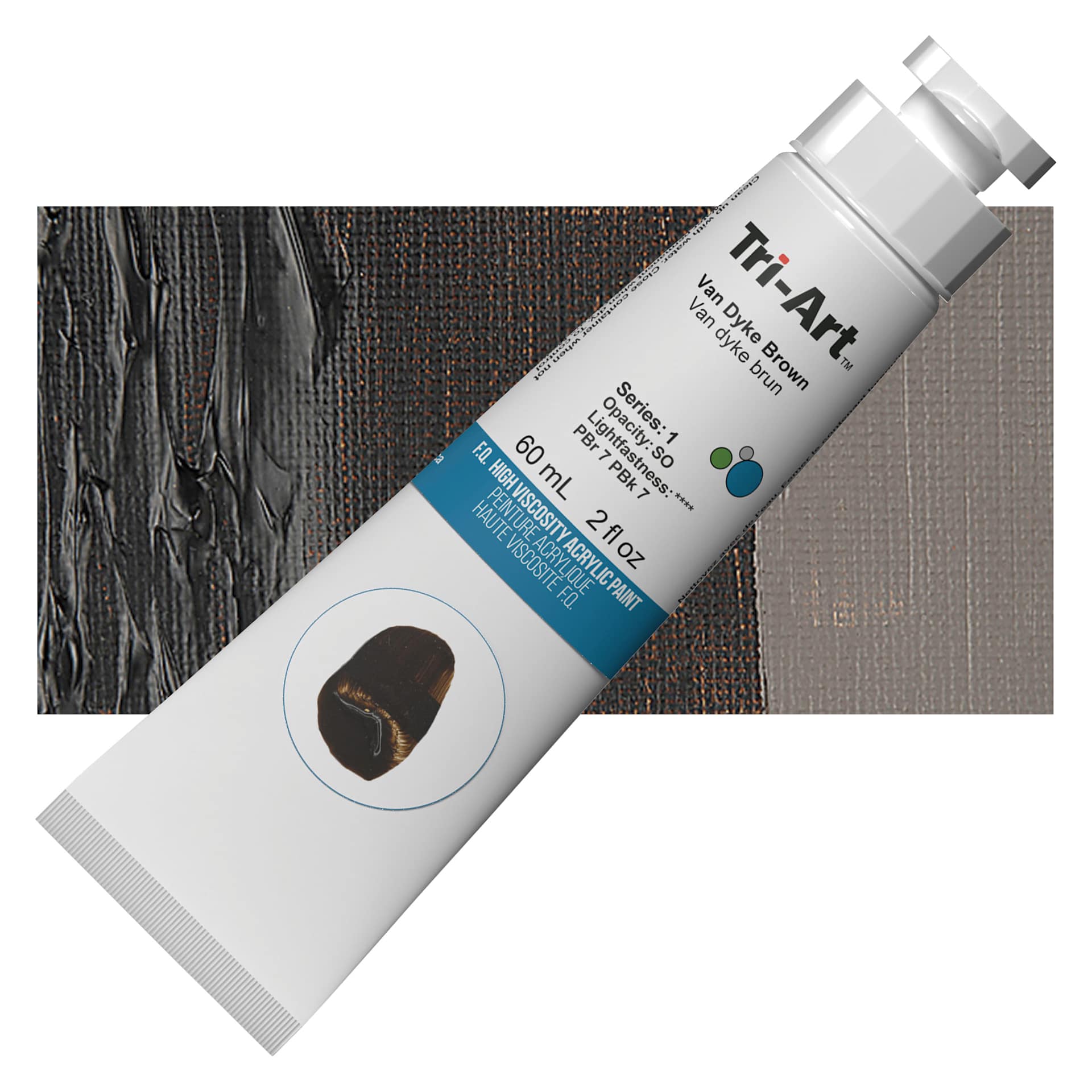 Tri-Art High Viscosity Artist Acrylic - Van Dyke Brown, 60 ml tube and swatch