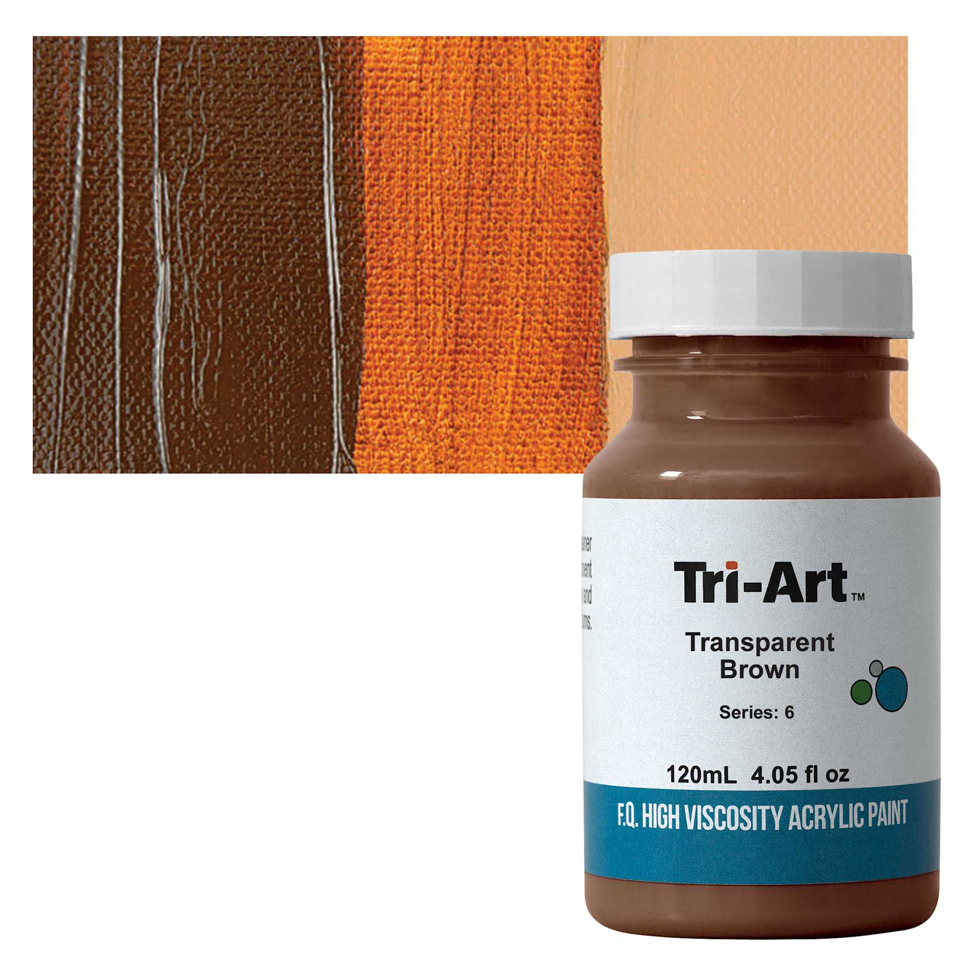 Tri-Art High Viscosity Artist Acrylic - Transparent Brown, 120 ml jar and swatch