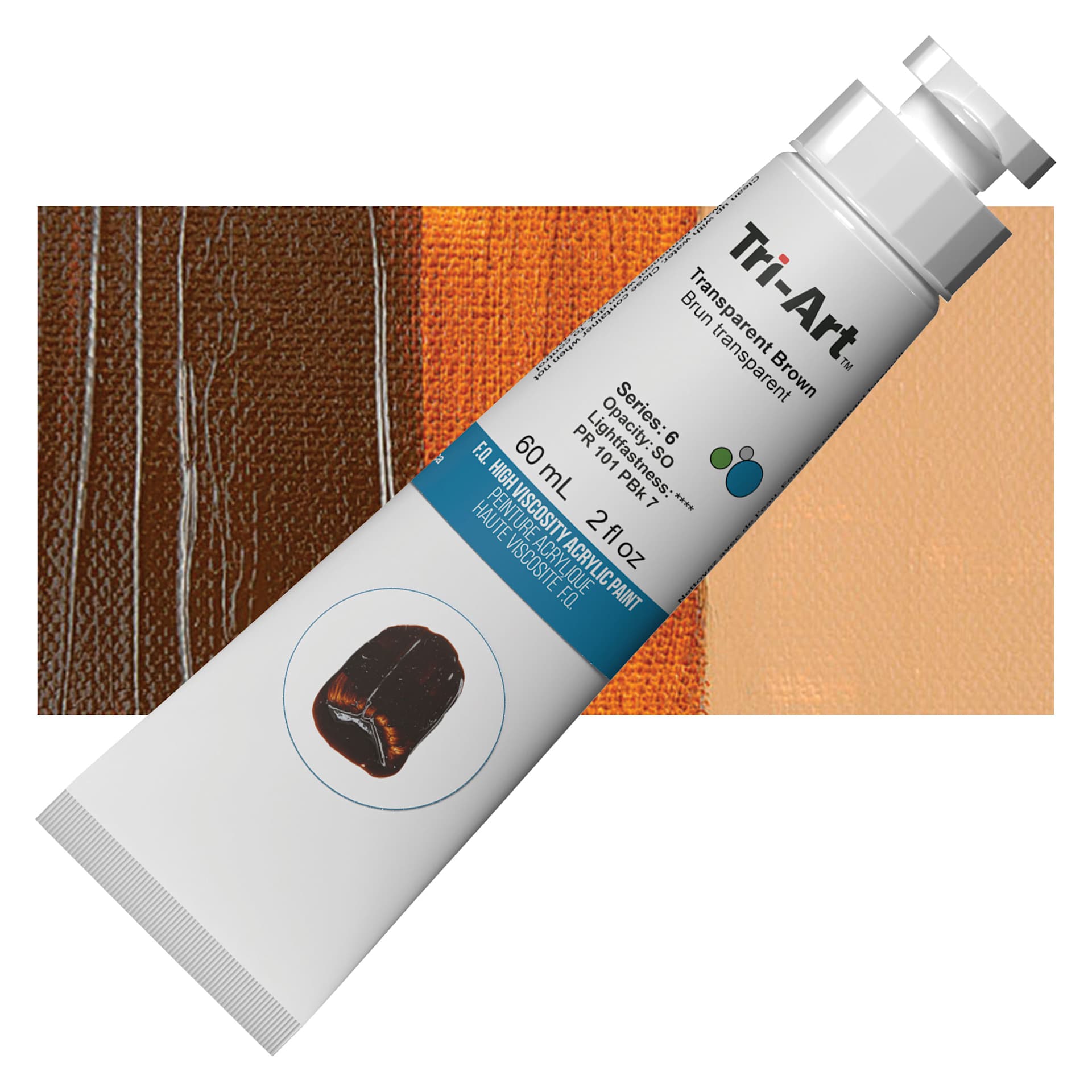 Tri-Art High Viscosity Artist Acrylic - Transparent Brown, 60 ml tube and swatch