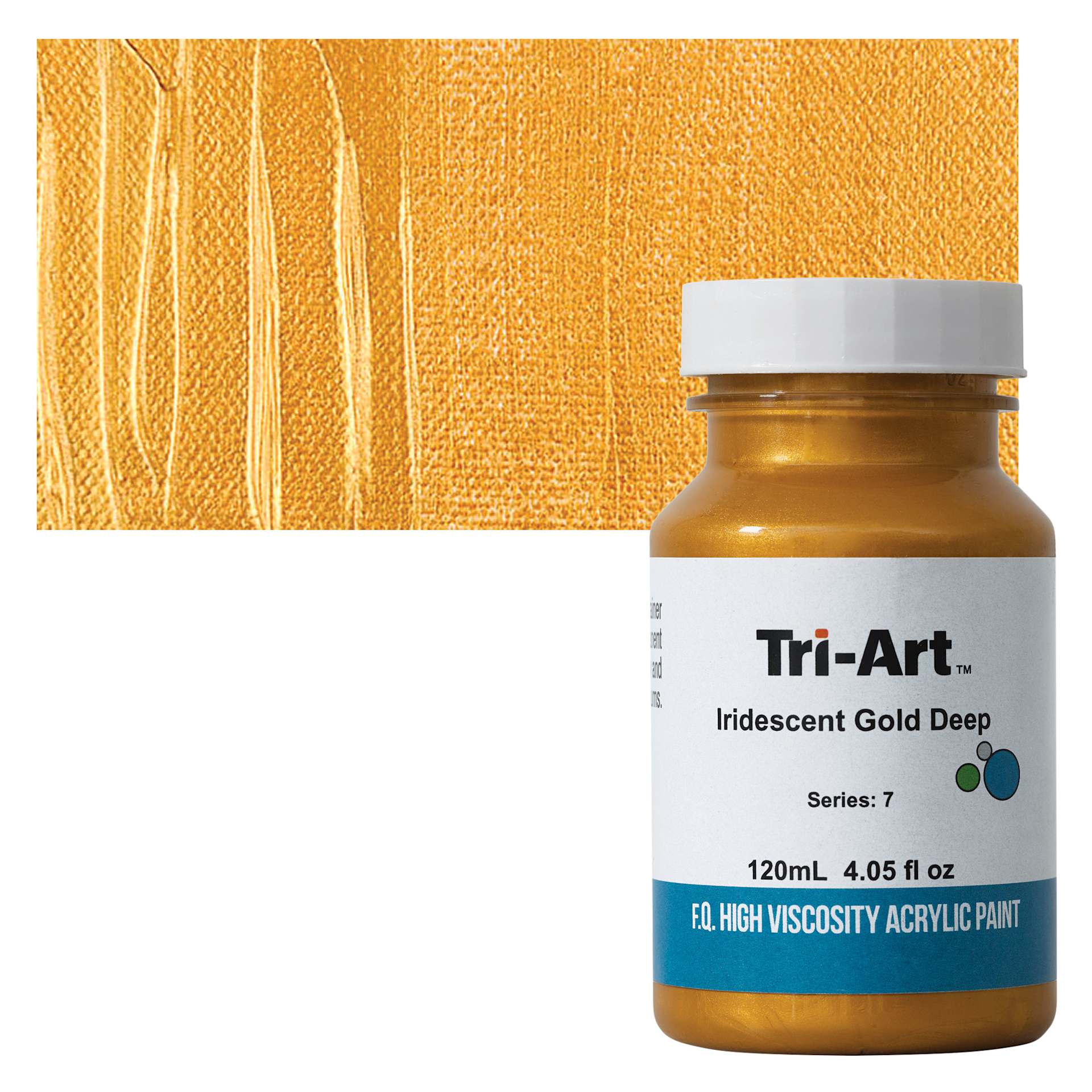 Tri-Art High Viscosity Artist Acrylic - Iridescent Gold Deep, 120 ml jar and swatch