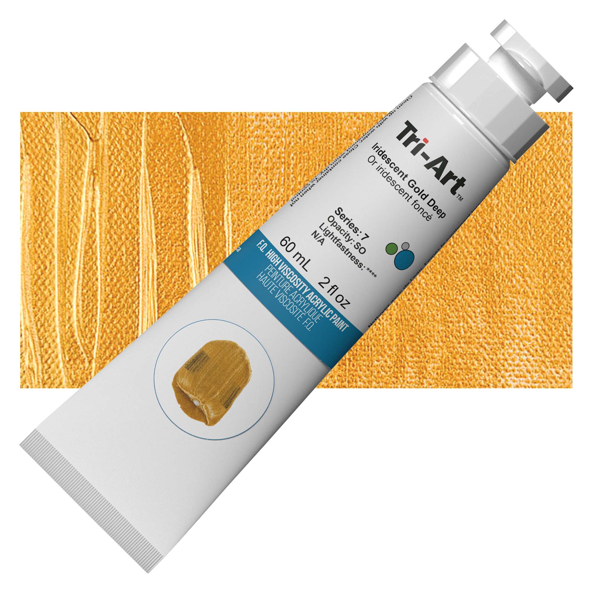 Tri-Art High Viscosity Artist Acrylic - Iridescent Gold Deep, 60 ml Tube and swatch