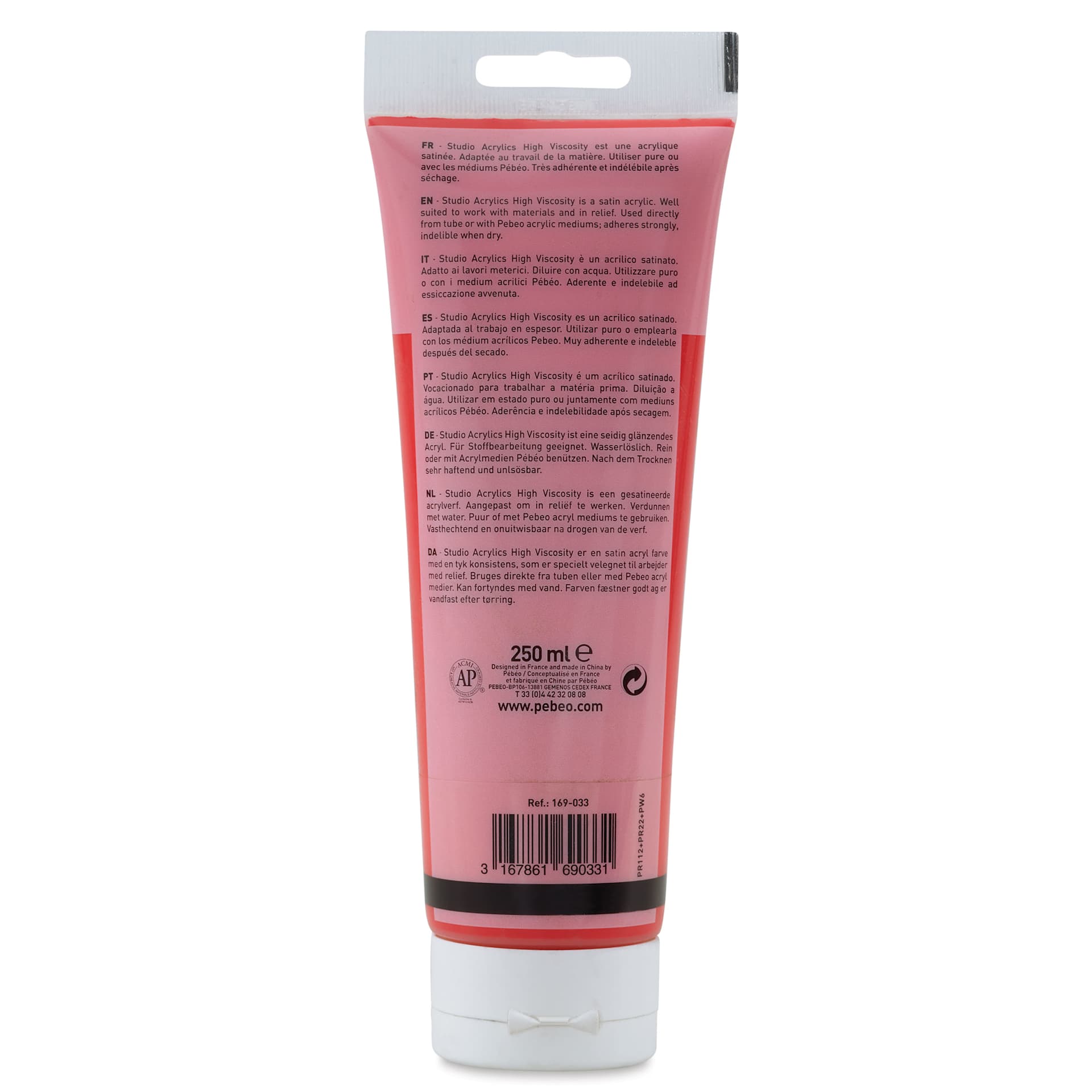 Pebeo High Viscosity Acrylics - Cadmium Red Hue, back of 250 ml tube